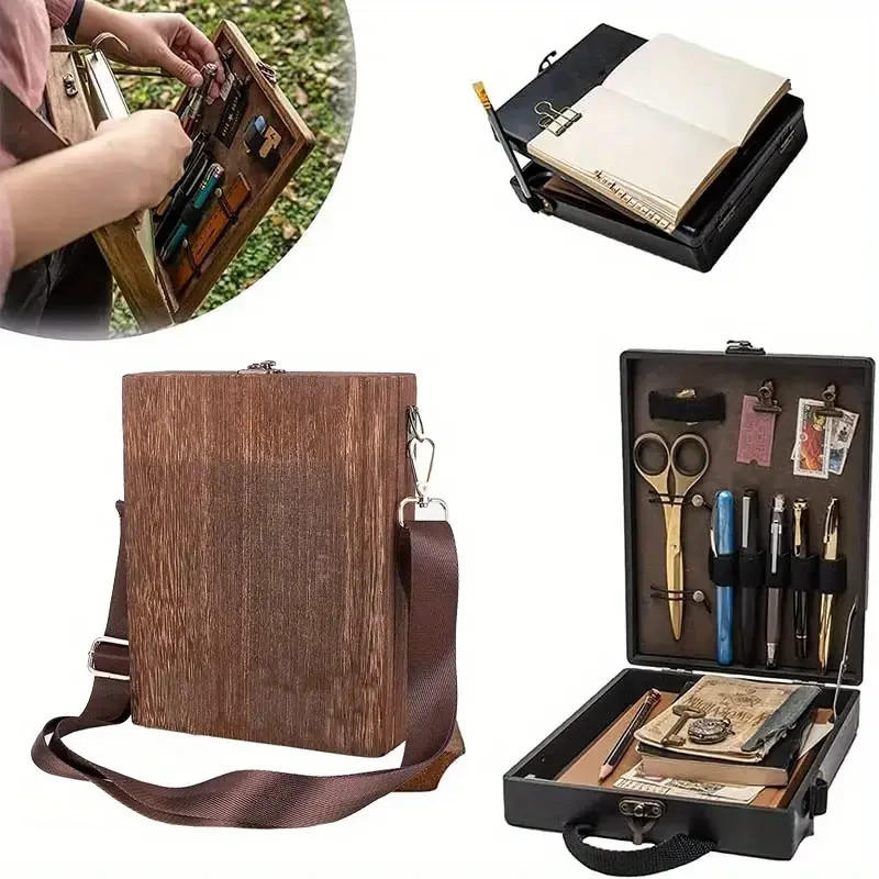 Handmade Wooden Artist Messenger Bag Brush Storage Box Deep Brown 9.65×7.48in