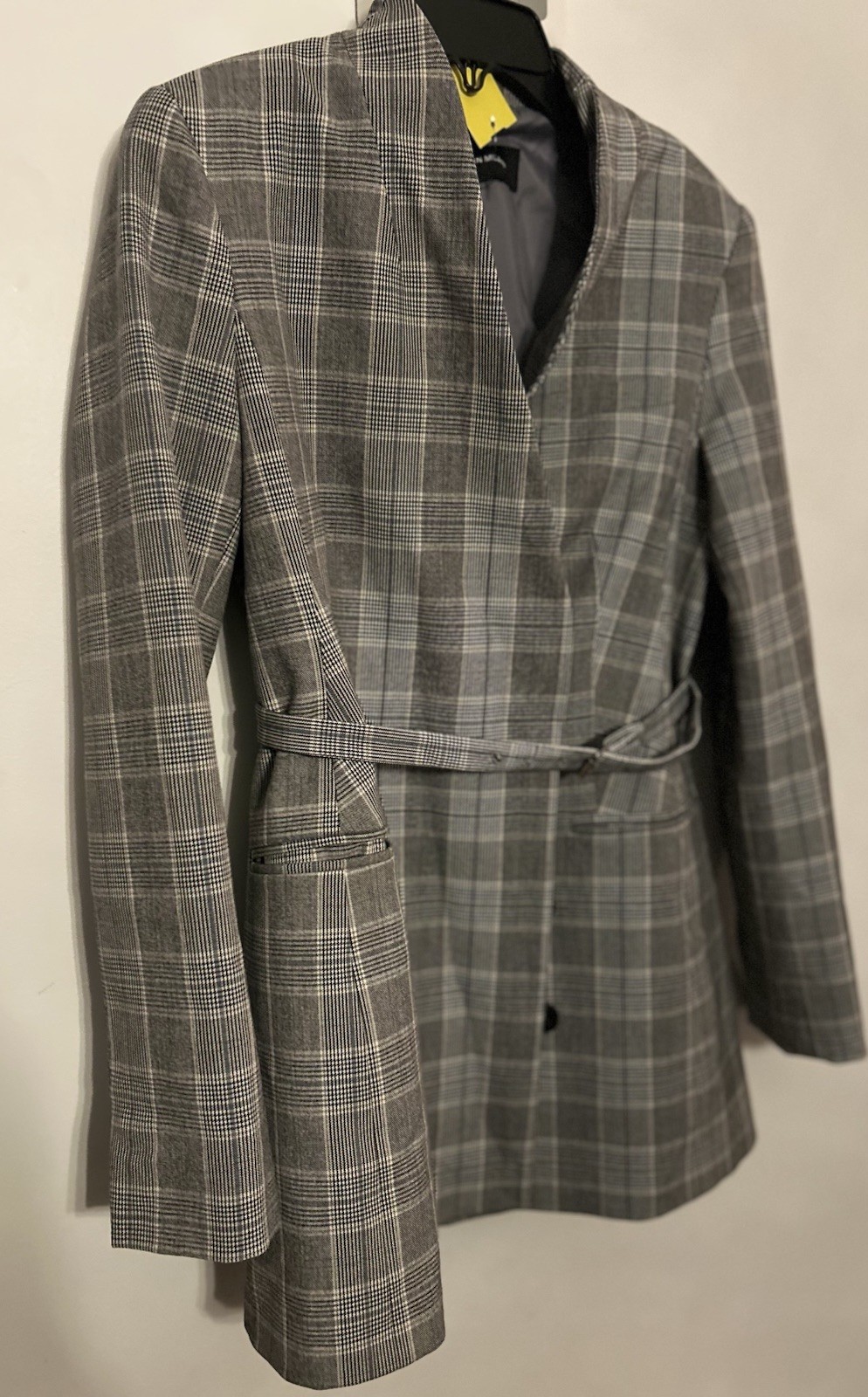 Karen Millen Grey Blue Check Plaid Tailored Collarless Belted Blazer w/Belt Sz 2
