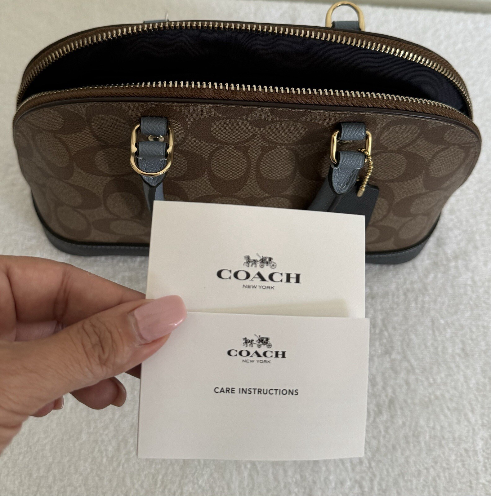 COACH Mini Sierra Satchel Logo Khaki /Midnight Pool / Brown Leather Bag $295 NEW