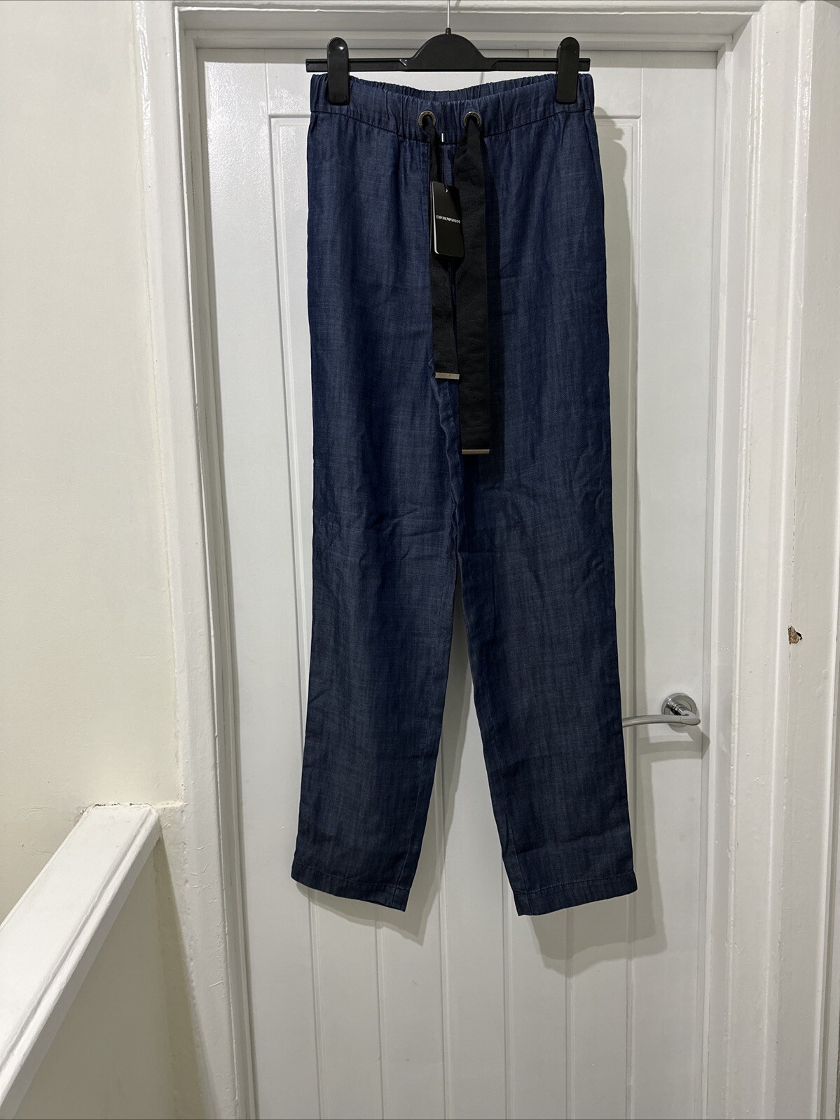 Emporio Armani Tailored Chambray Denim Straight Leg Pleated Trousers Uk 8 IT 40
