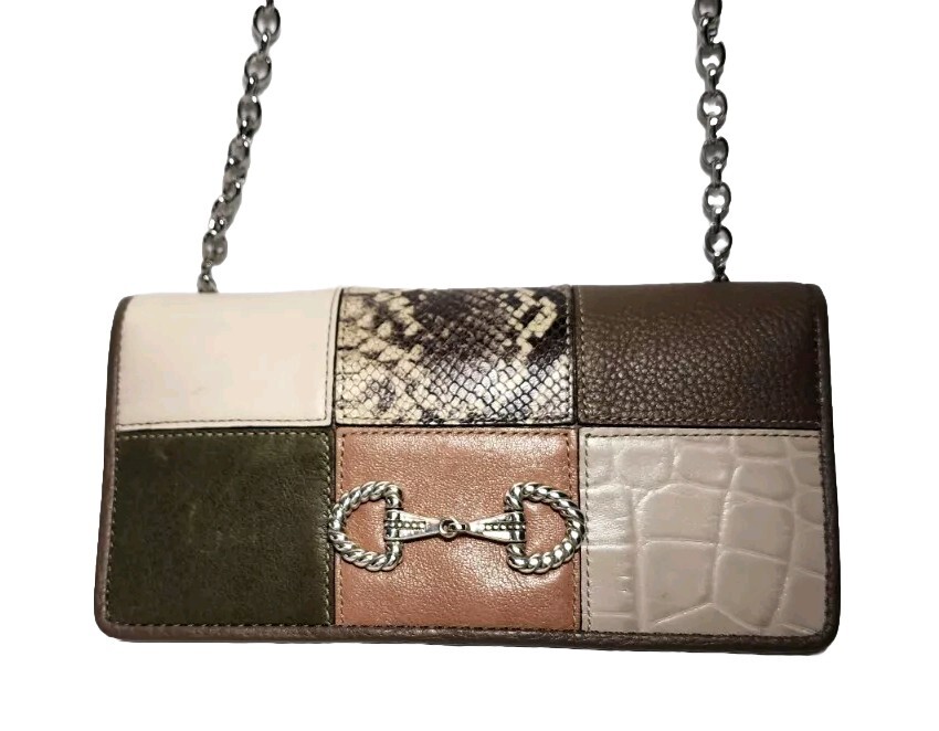 BRIGHTON OFF THE GRID ROCKMORE HORSE BIT EMBLEM PATCHWORK CROSSBODY WALLET NWD