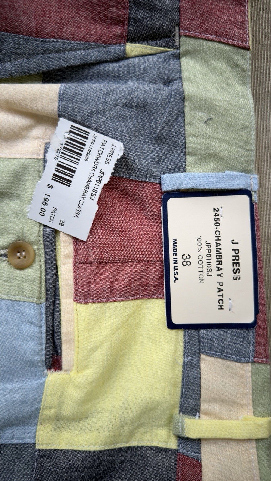 J.Press Made-in-USA Patchwork Cotton Chambray Trouser New W/ Tags 38W