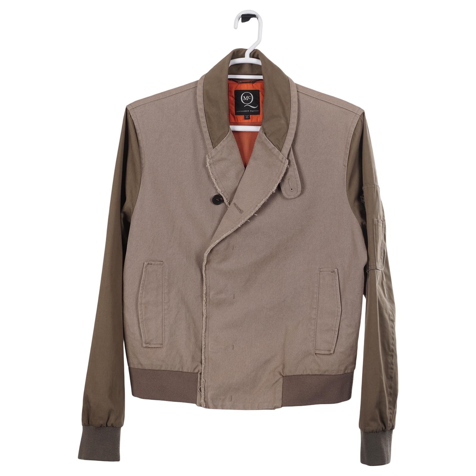 Alexander McQueen Bomber Jacket IT 52 Brown Canvas Green Shawl Collar Button Up