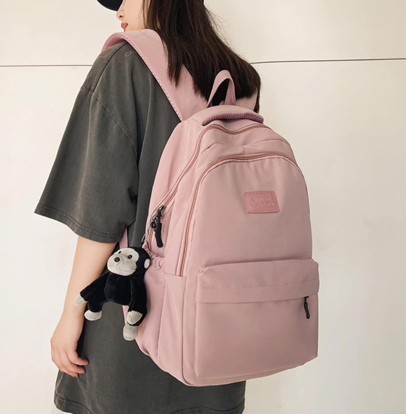 JARKIARD Pink Kids Backpack with Plush Monkey Keychain, Canvas, 17.7×12.6×5.1in