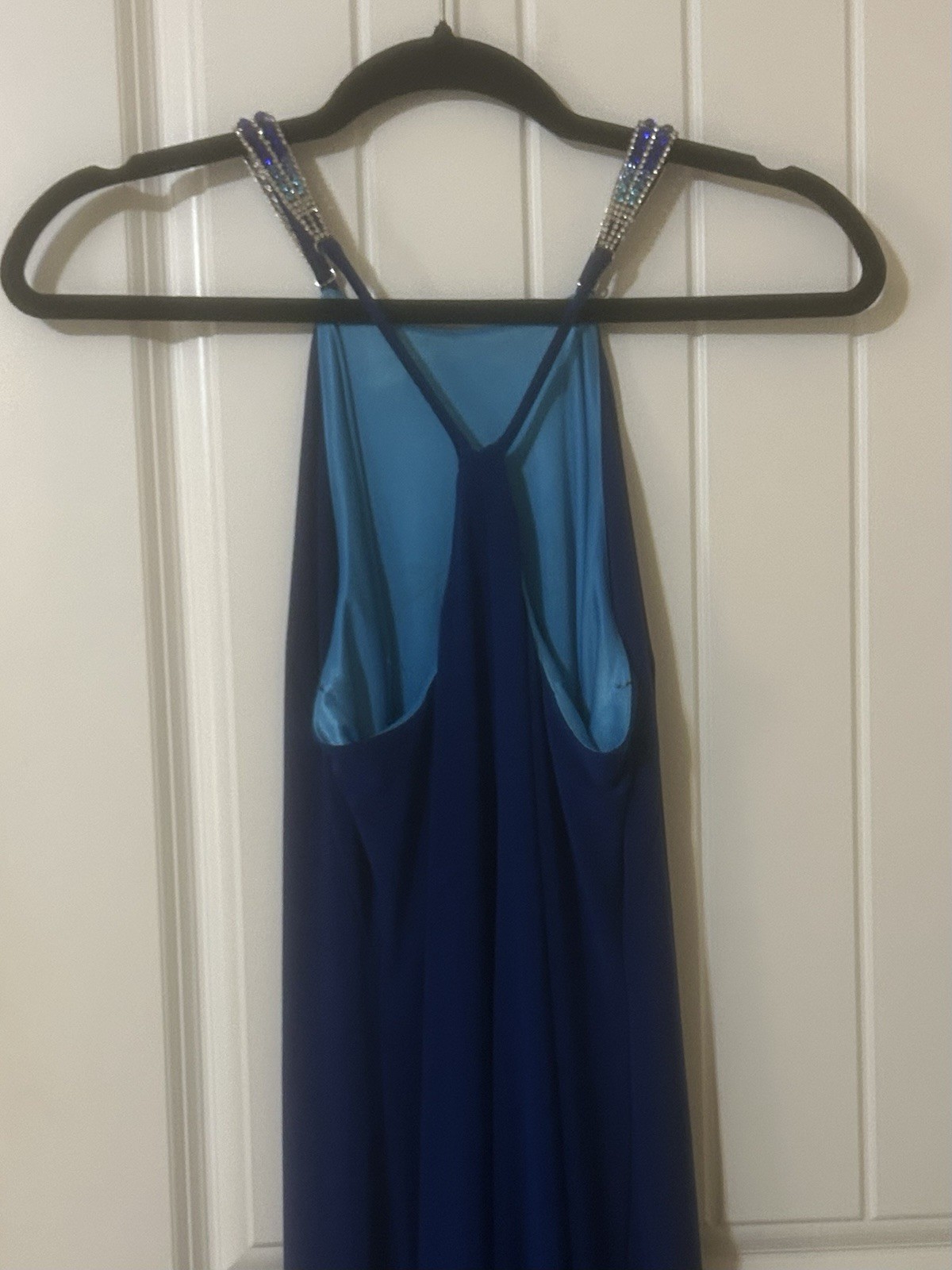Betsy & Adam Blue Halter Rhinestone Slit Long Gown Prom Homecoming