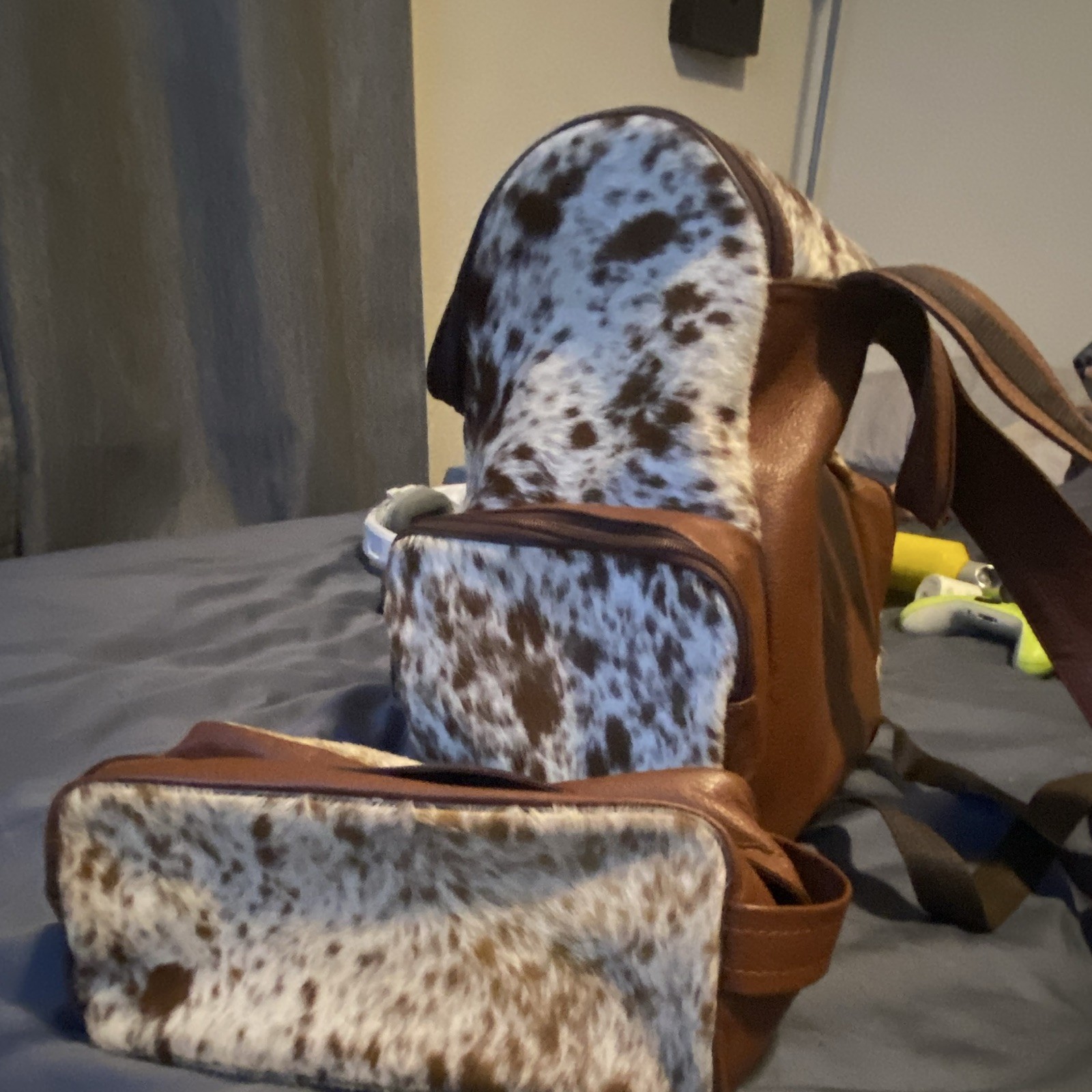 Real Cow hide Backpack Brown/White Zip, Adjustable Strap, Inner/Outer Pockets