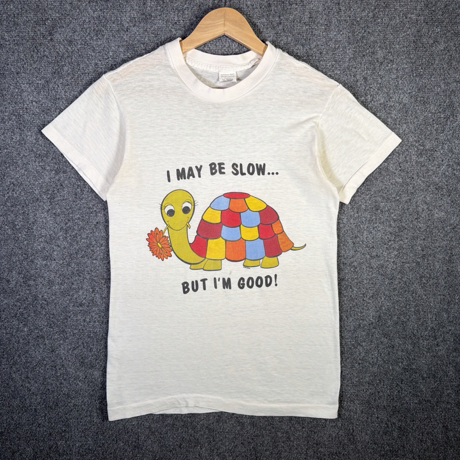 True Vintage Turtle Shirt Mens Medium White 70s Funny Quote Flower Thin Rare USA