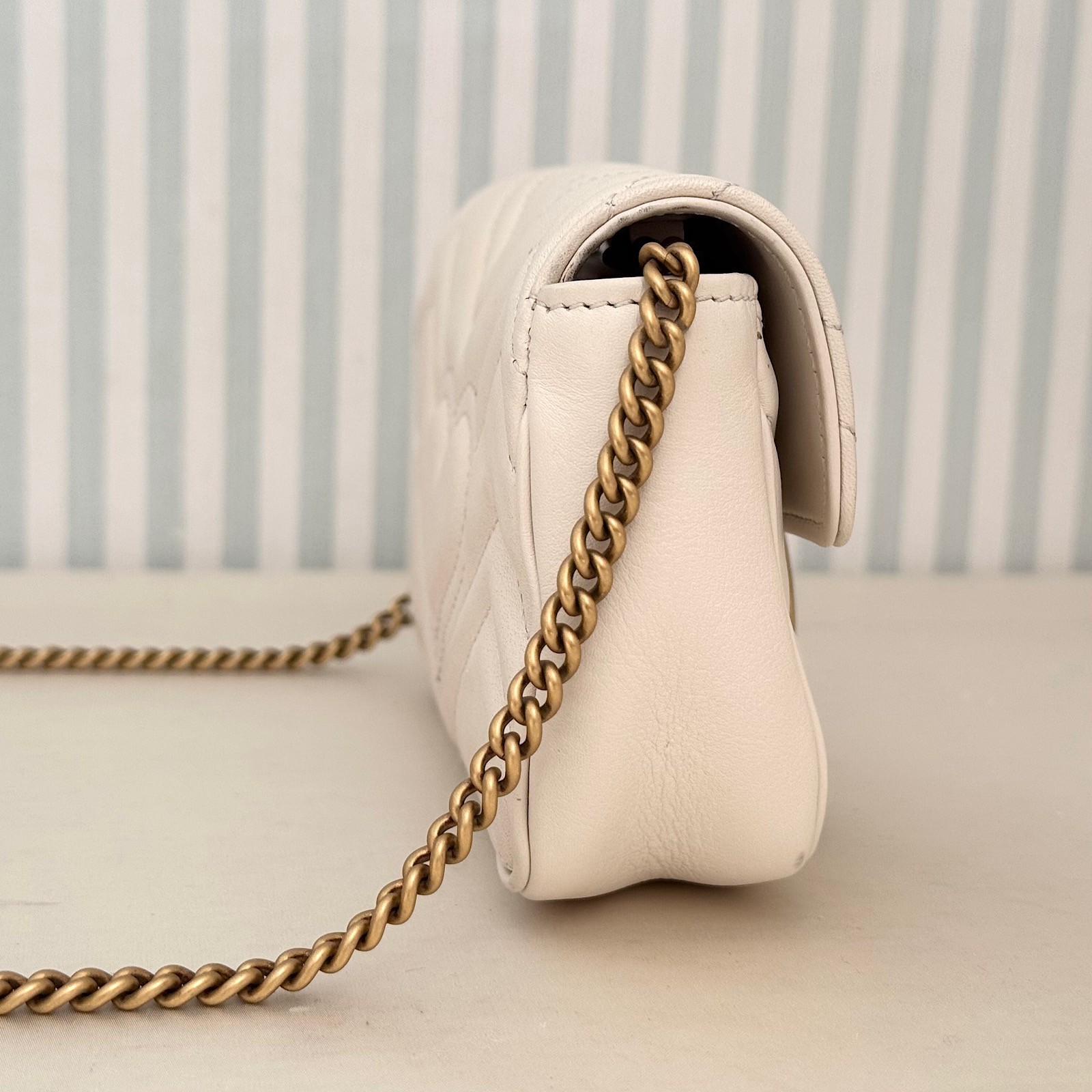 GUCCI GG Marmont 476433 Leather Chain Shoulder Bag White Crossbody with Dust Bag