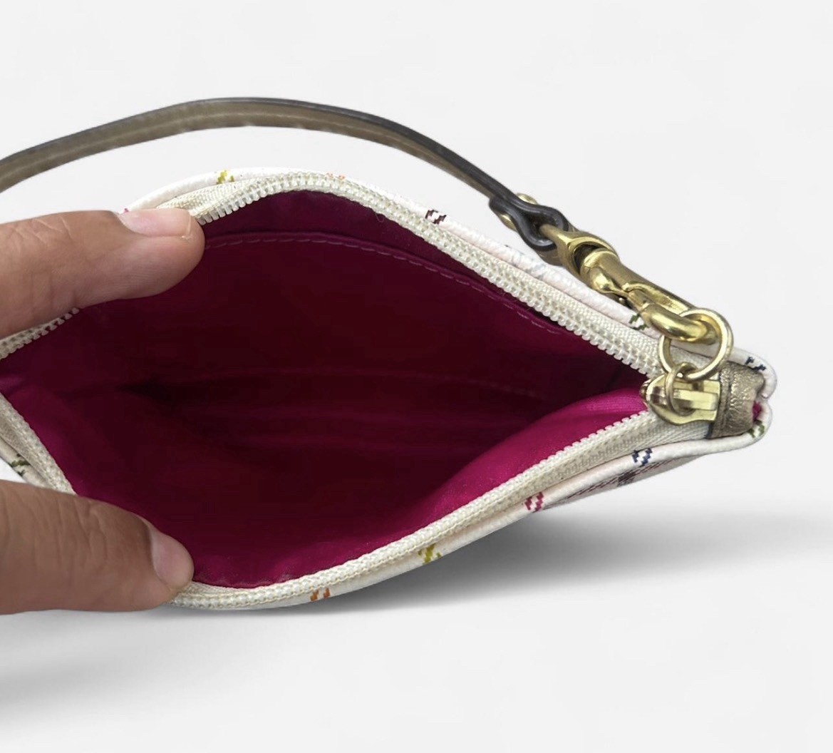 Ivory Plaid Zip Wristlet Pouch w/ Brown Leather Strap, Pink Lining, Gold