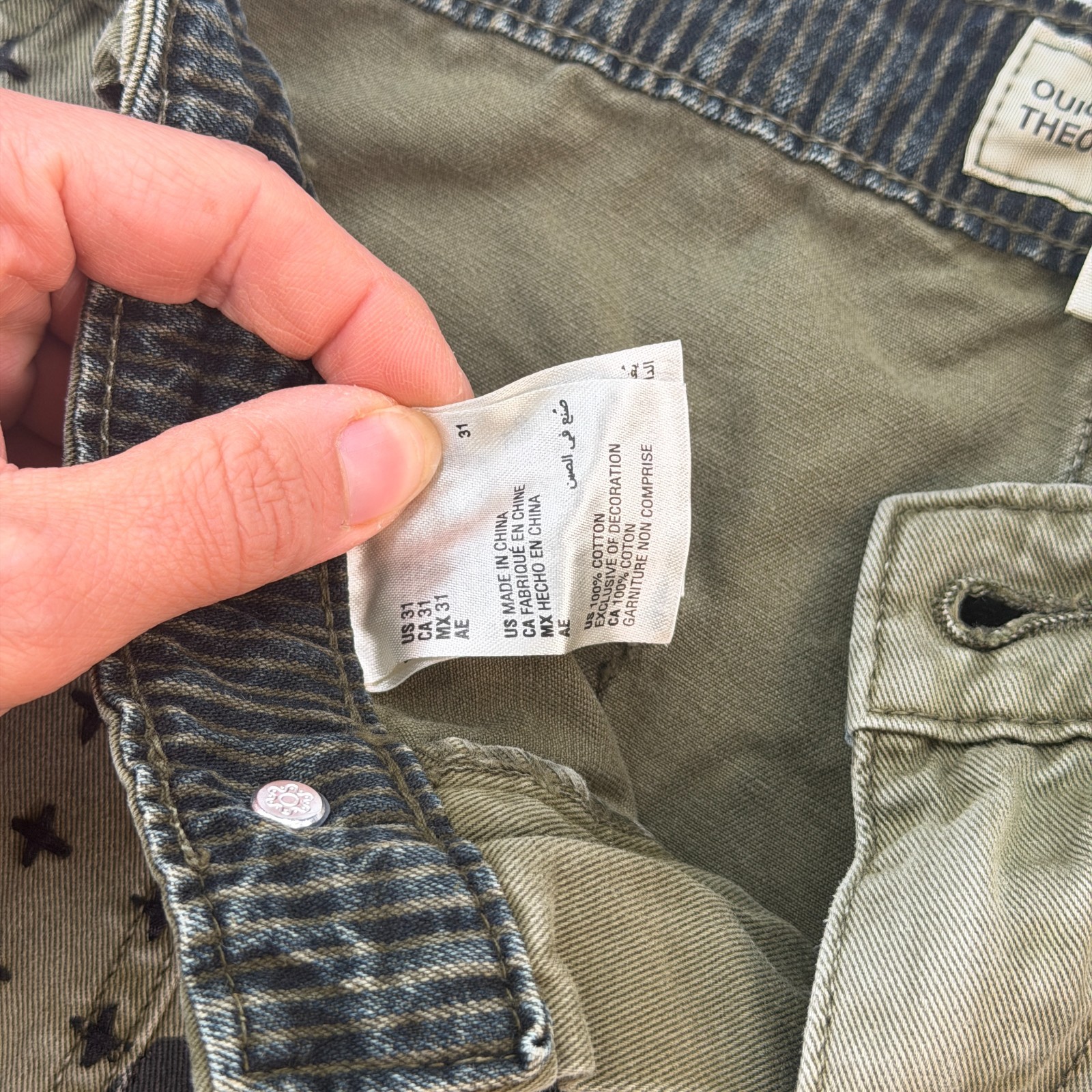 Ouigi Theodore Sun Stone Patchwork Pants Mens Size 31 Olive Tiger 1945 Military
