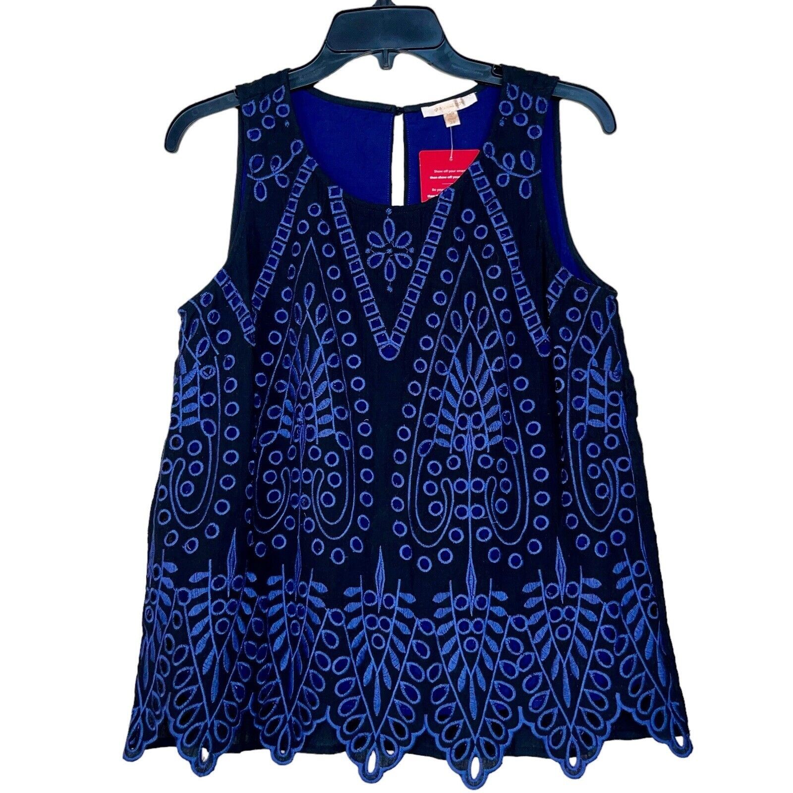Sleeveless Embroidered Boho Blouse XS Black Navy Eyelet Skies Are Blue NWTj
