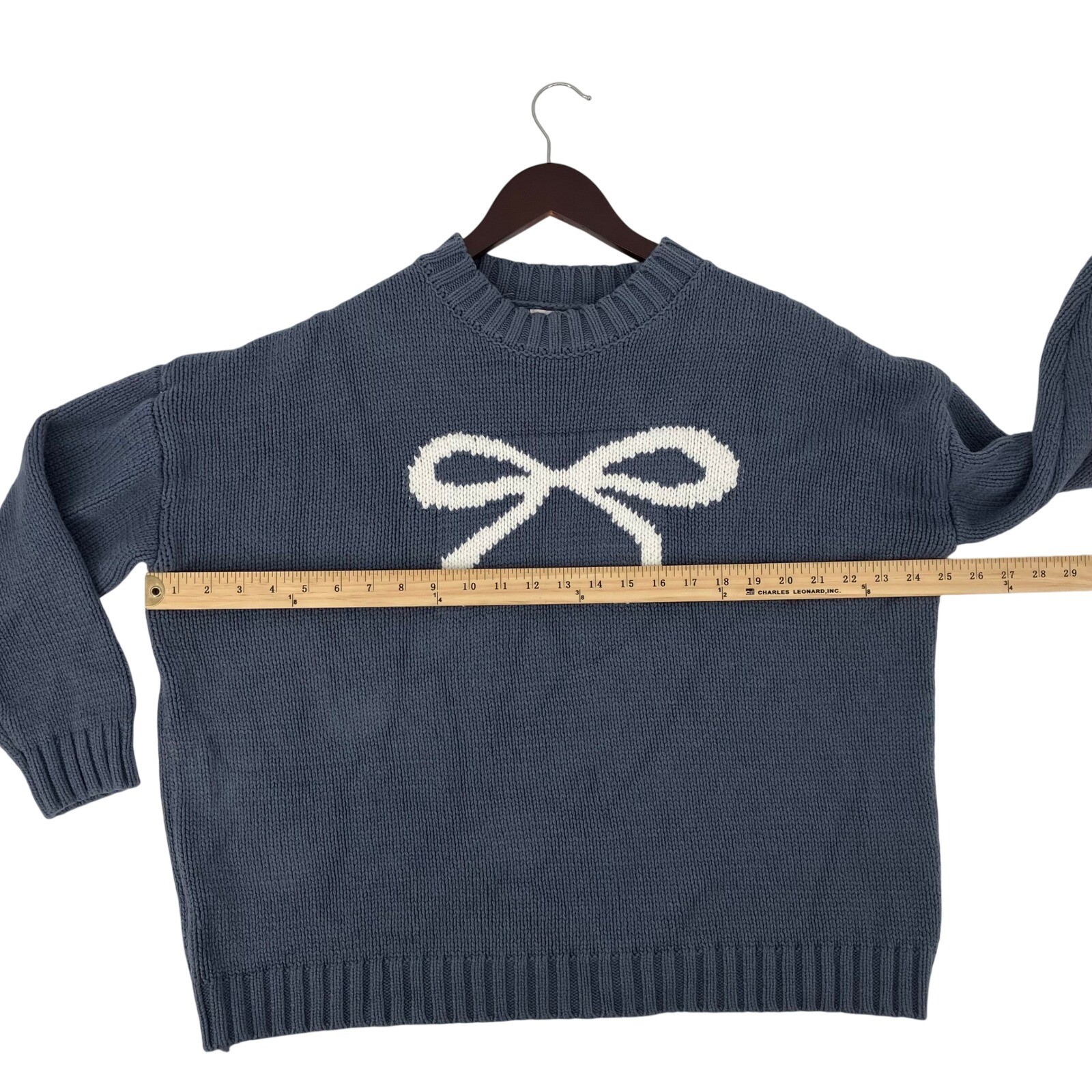 Blue Bow Intarsia Shaker Knit Sweater M Coquette Balletcore Cute Pastel Relaxed