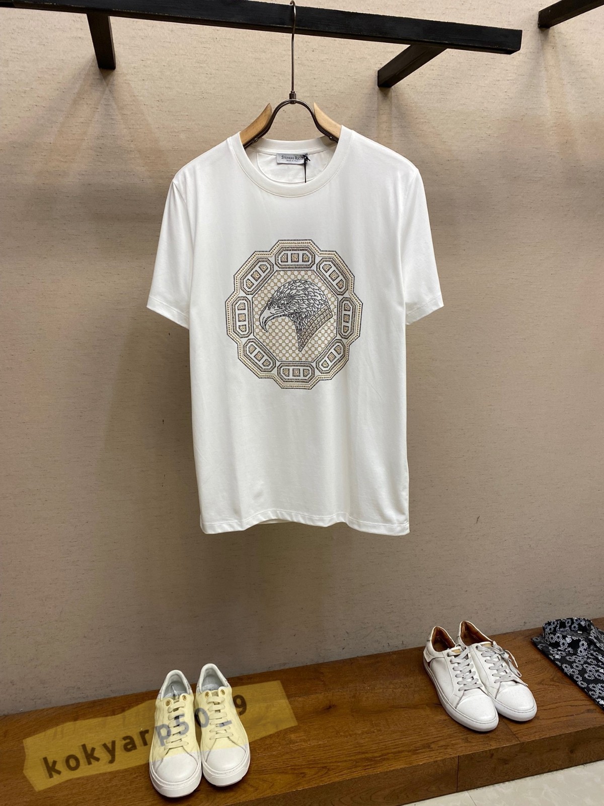 Stefano Ricci Studded Logo Men’s Stretch Round-Neck Short-Sleeve White T-Shirt