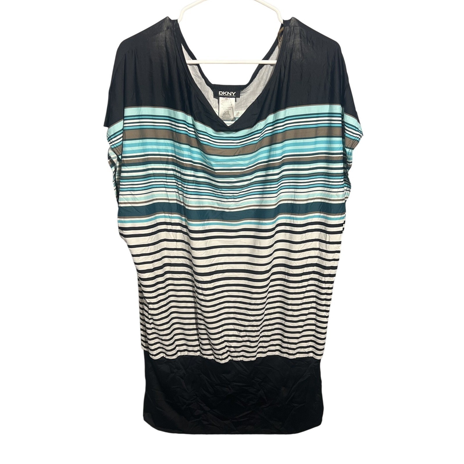 DKNY Women’s L/G Black White Blue Green Brown Striped Blouson Tunic Top