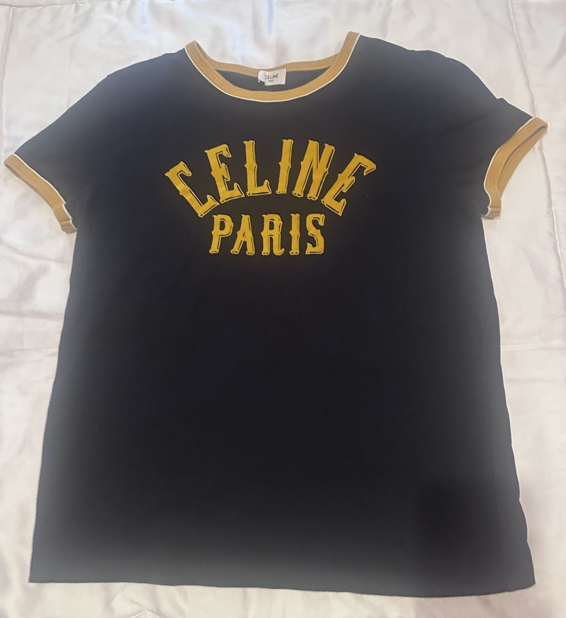 CELINE Women’s Black/Gold Logo Graphic Ringer Crew Neck T-Shirt Size S