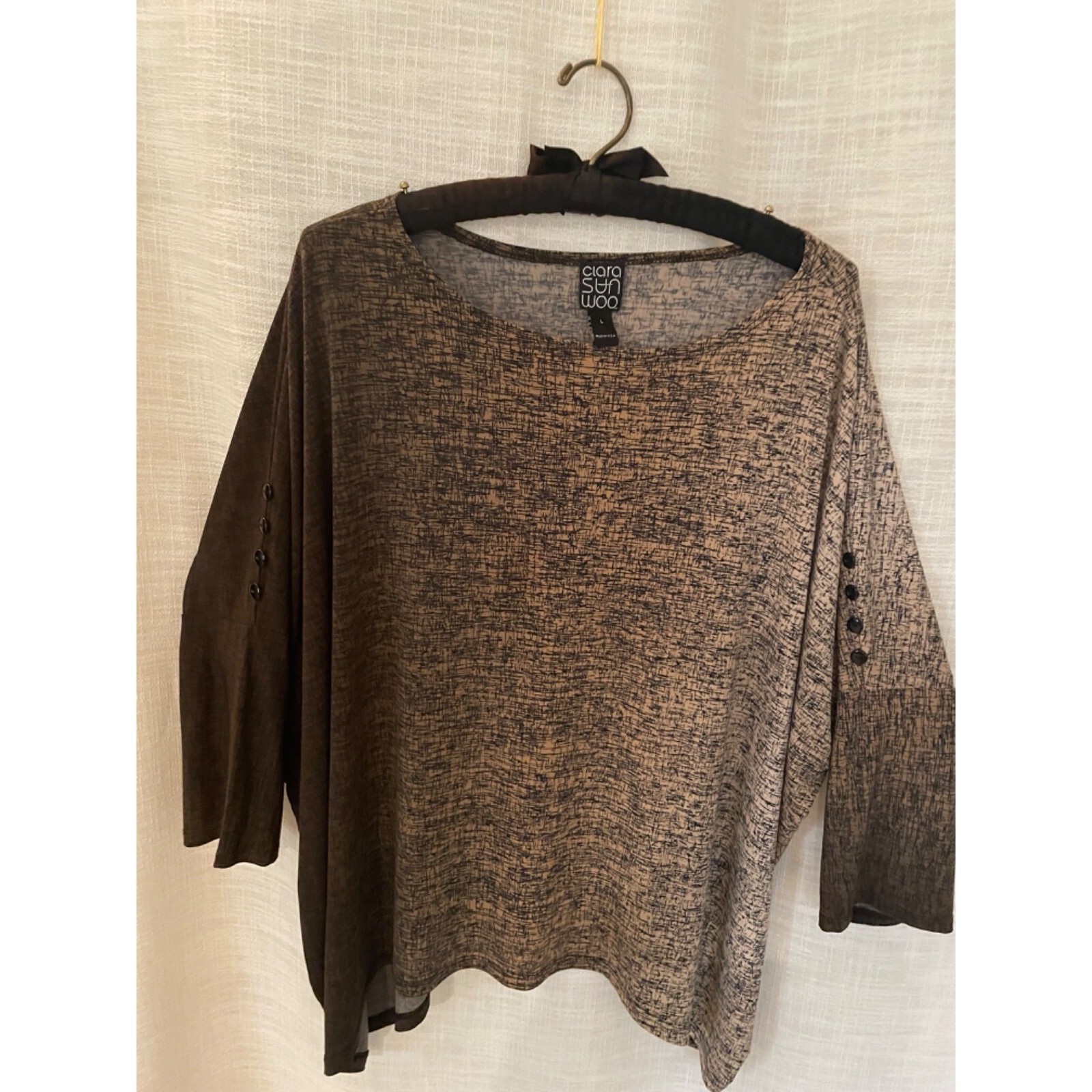 Clara Sunwoo Tunic Top Large Brown Ombre Button Shoulder Dolman Knit Made in USA