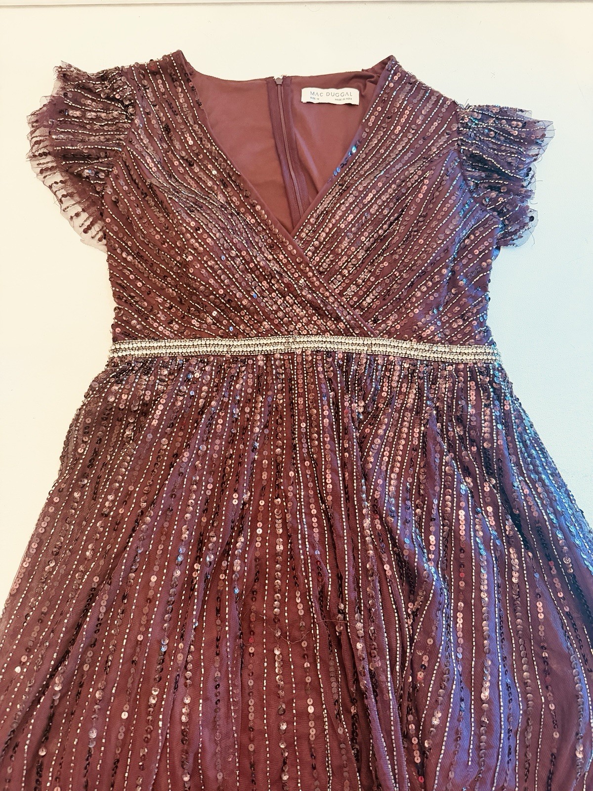 MacDuggal Burgundy Wine Sequin Beaded Flutter Sleeve Evening Gown Dress Sz12 NWT