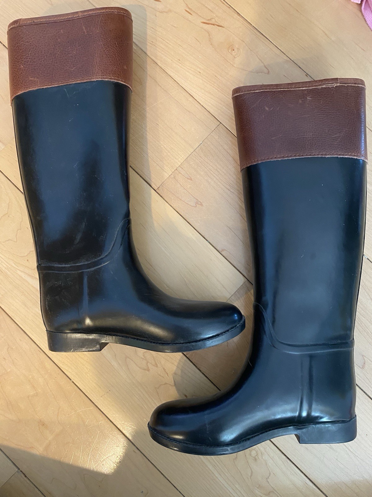 Tory Burch Diana Riding Rubber/Leather Tall Rain Boots, Size 6