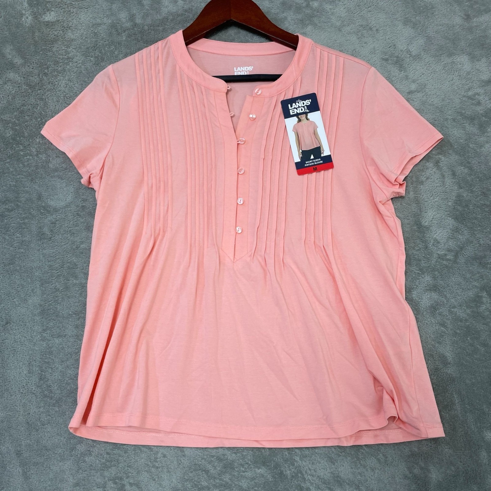 NWT Lands’ End Women’s M Short Sleeve Pintuck Blouse Pink Cotton Modal C0723