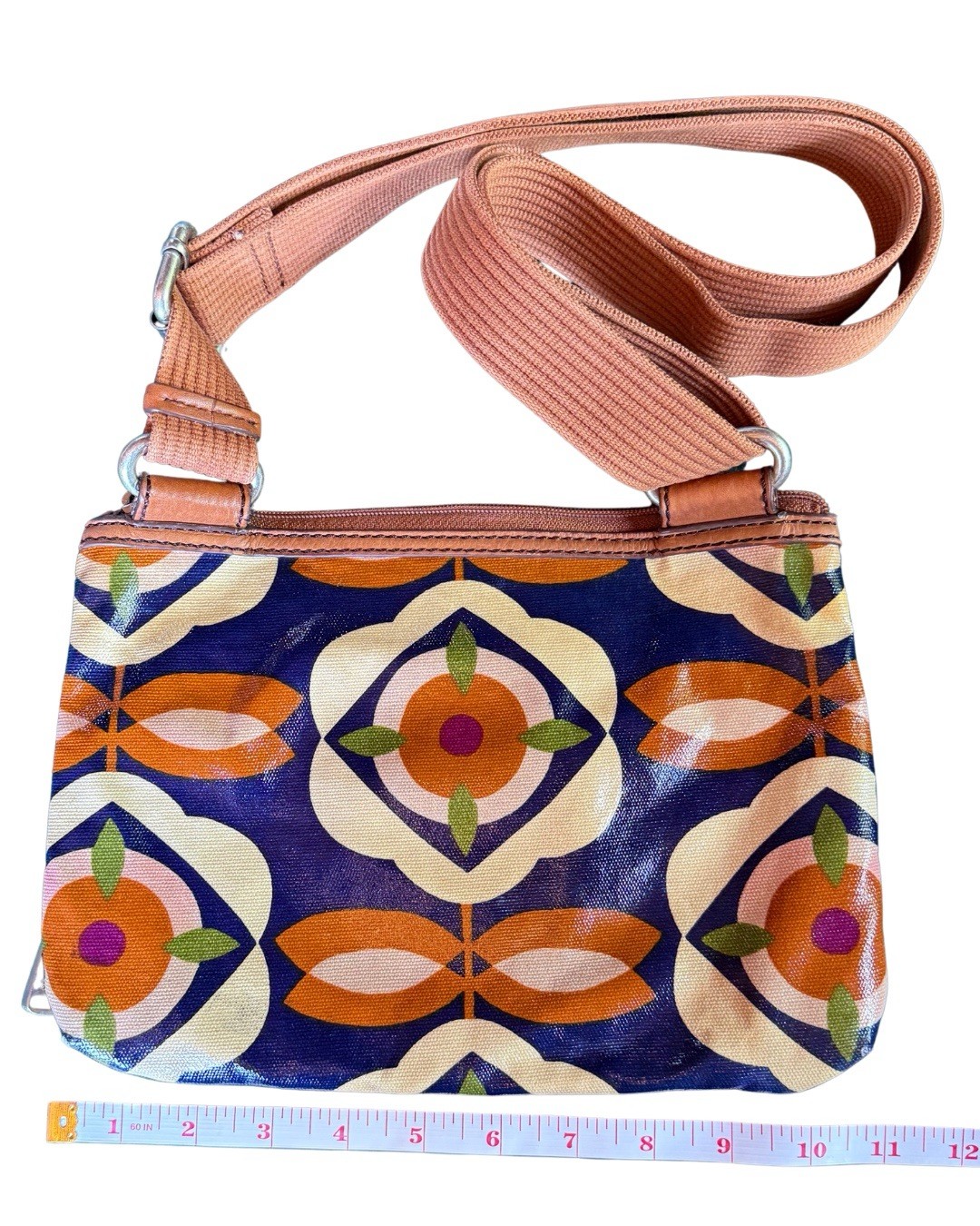Fossil Key-Per Crossbody Bag Coated Canvas Navy Orange Floral Print Leather Trim