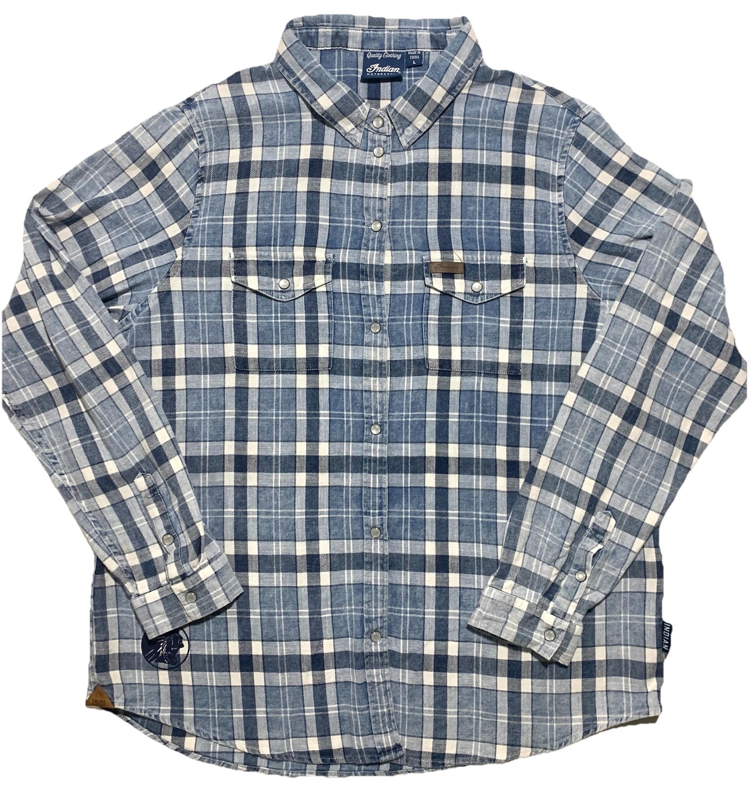 Indian Motorcycle Flannel Shirt Mens Medium Pearl Snap Lightweight Blue Plaid