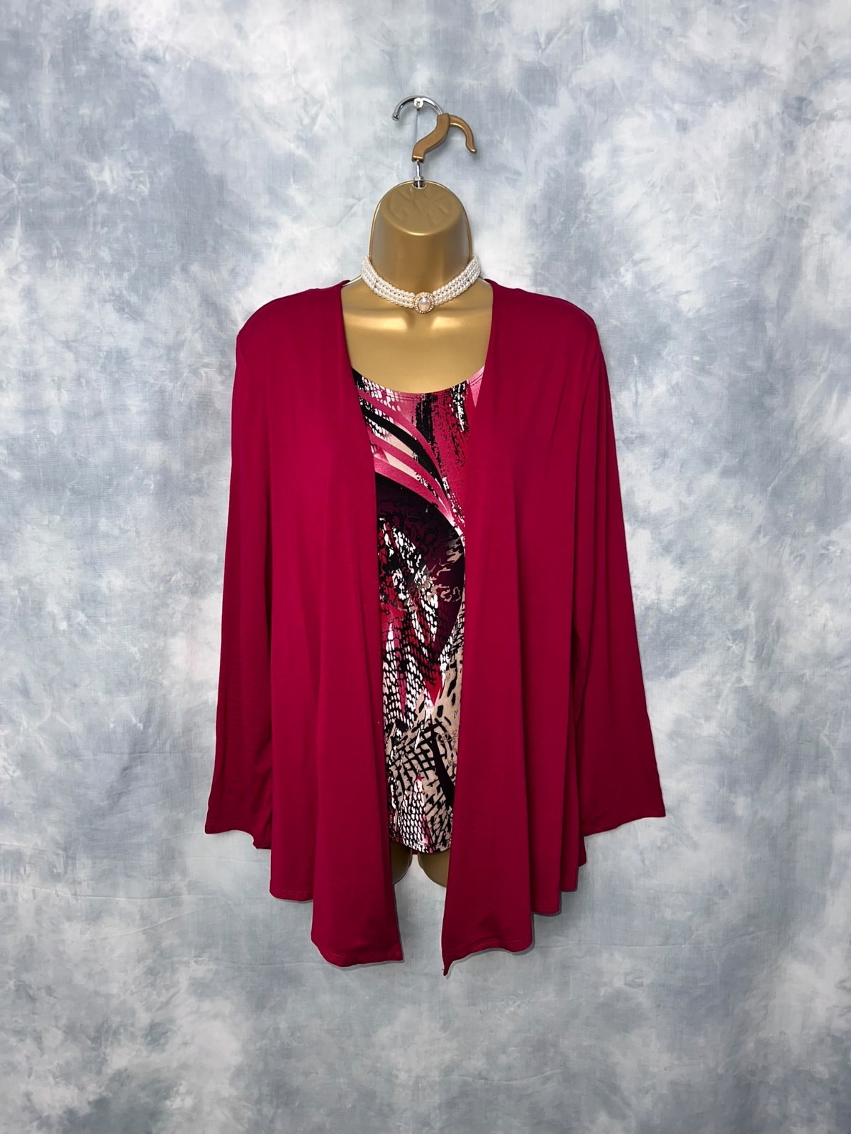 SALOOS Wine Red 2-in-1 Layered Top Size 16 Print Stretchy Elegant Classy Office