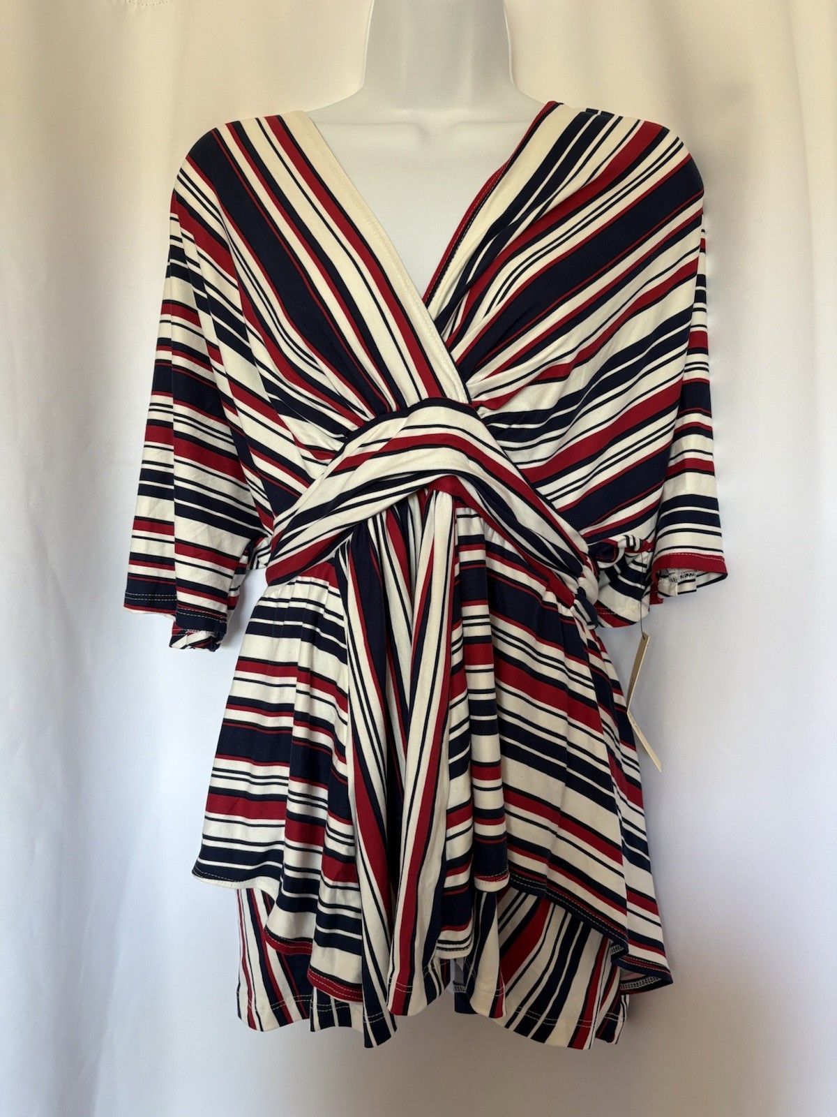 KIYONNA 1X Plus Belted Striped top V-Neck Red/White/Blue Poly Blend
