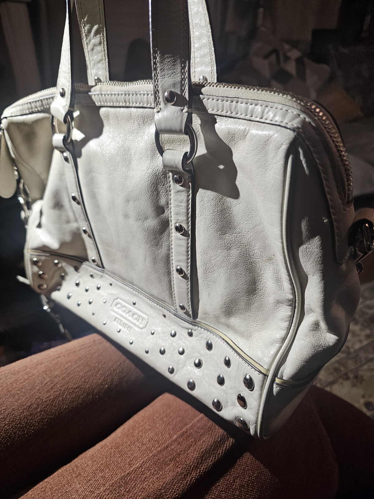 Coach Legacy F22088 Beige Leather Stud Convertible Satchel Carryall Shoulder Bag