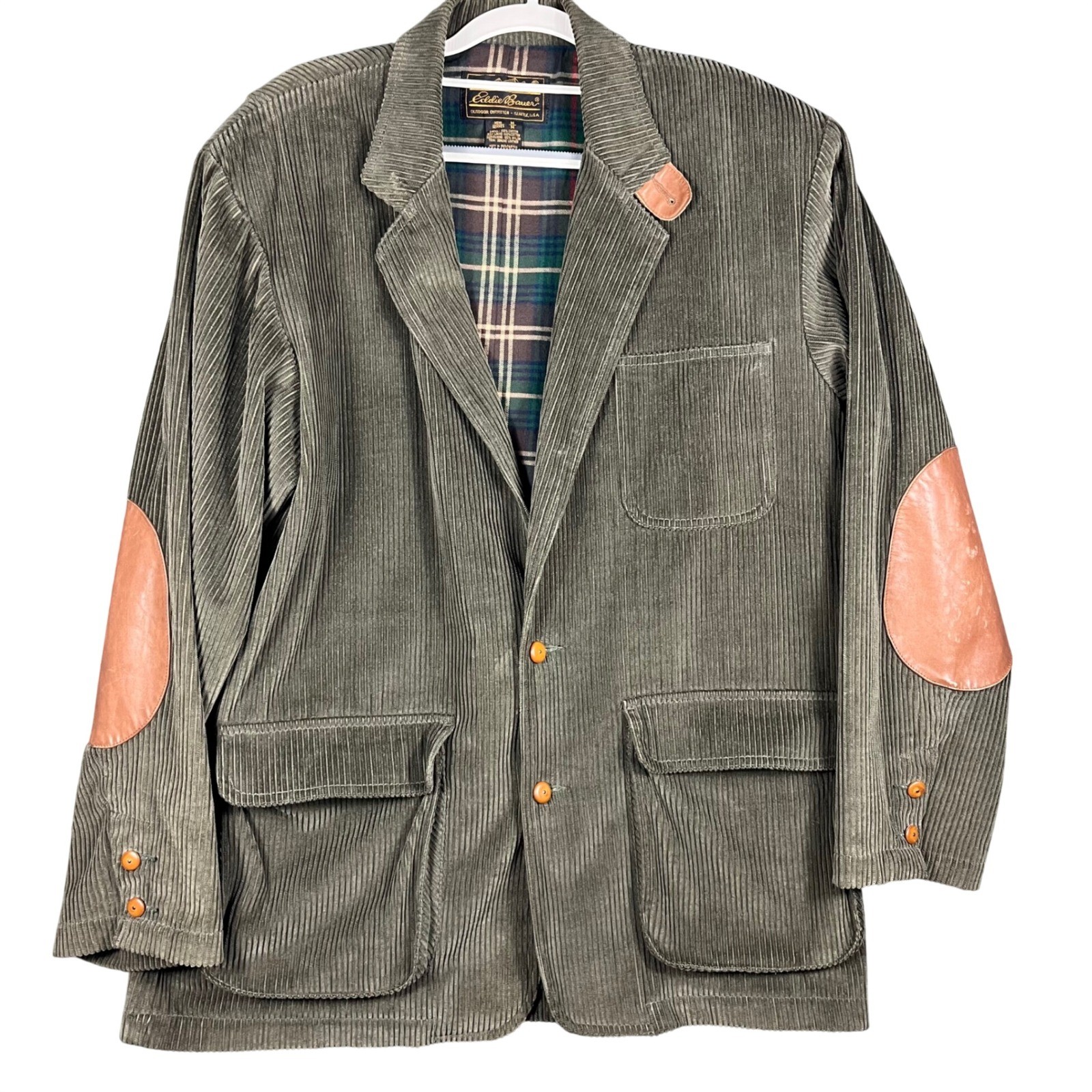 Eddie Bauer Corduroy Field Coat Mens Medium Olive Green Leather Elbow Patches