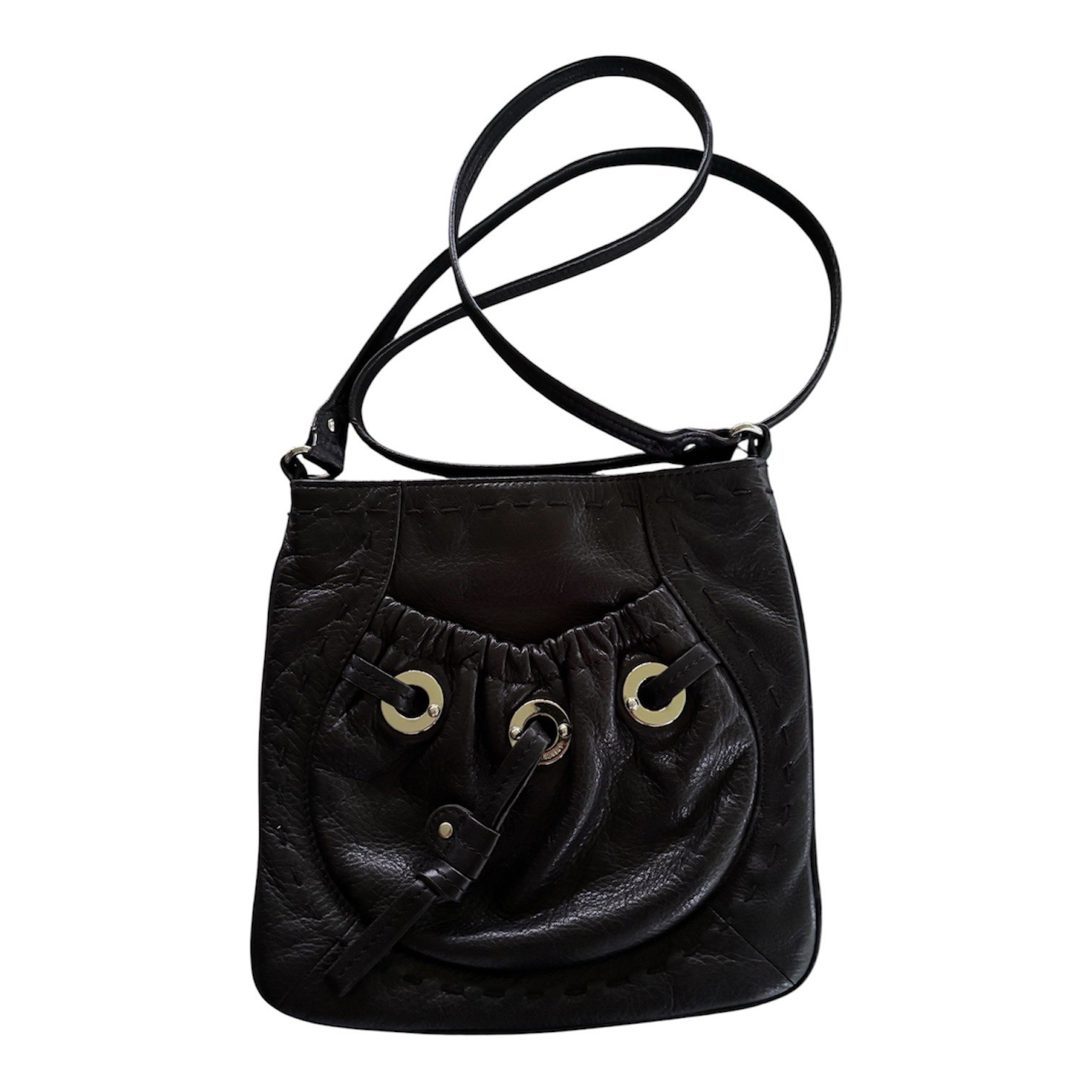 B. MAKOWSKY WOMEN’S BLACK LEATHER CROSSBODY PURSE DRAWSTRING FRONT SILVER EYELET