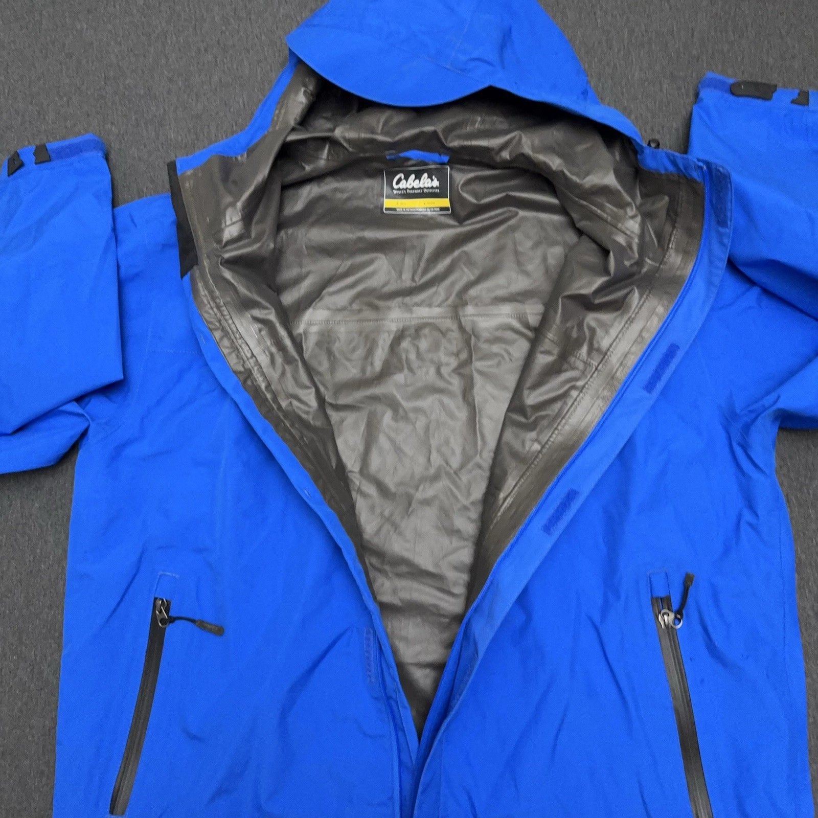 Cabelas Goretex Jacket Men Large Blue Dry Plus Rain Coat Full Zip Hooded READ