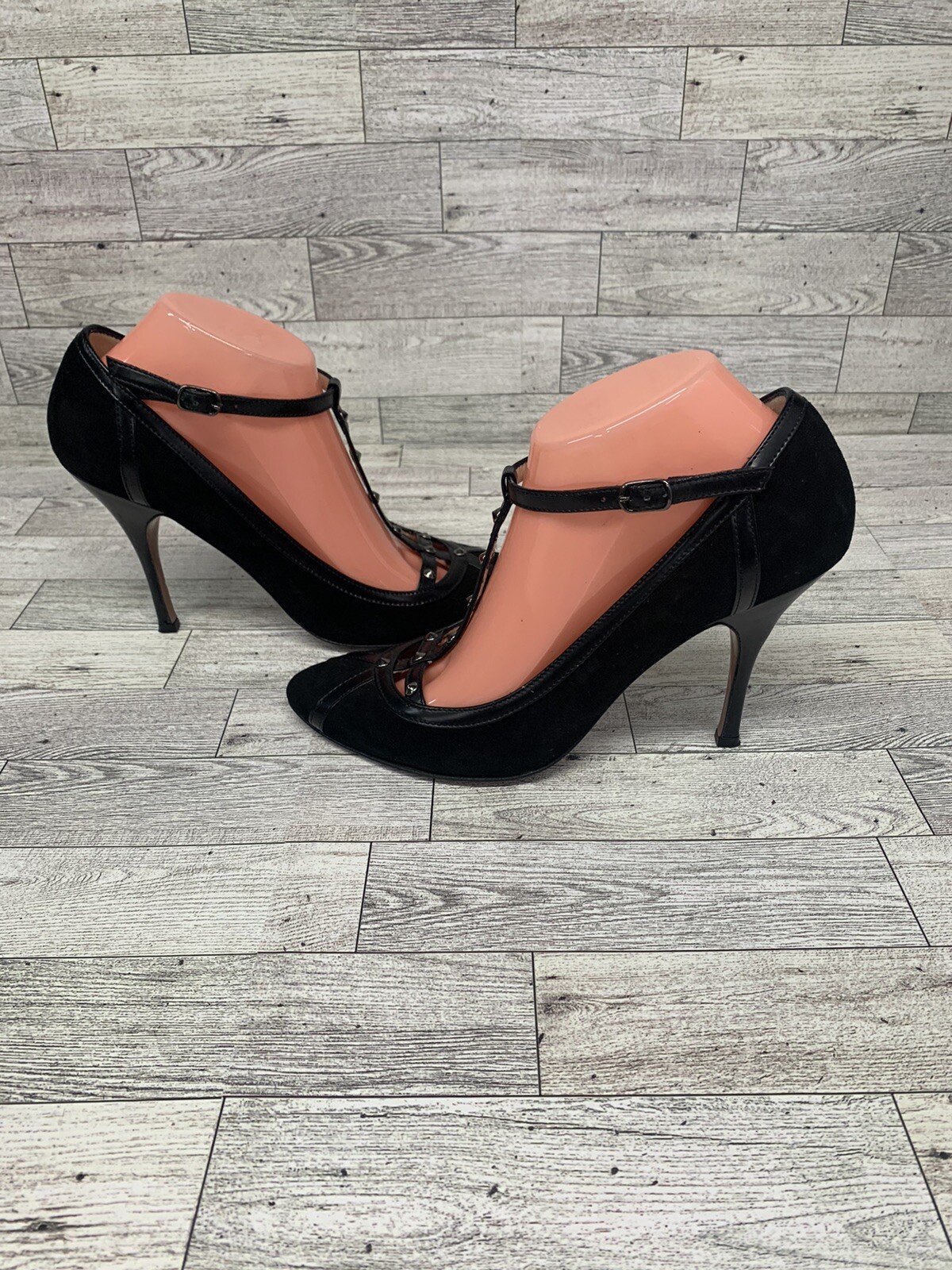 CLAUDIA CIUTI STUDDED 4” HEELS Black Leather Suede Women Size 9.5M