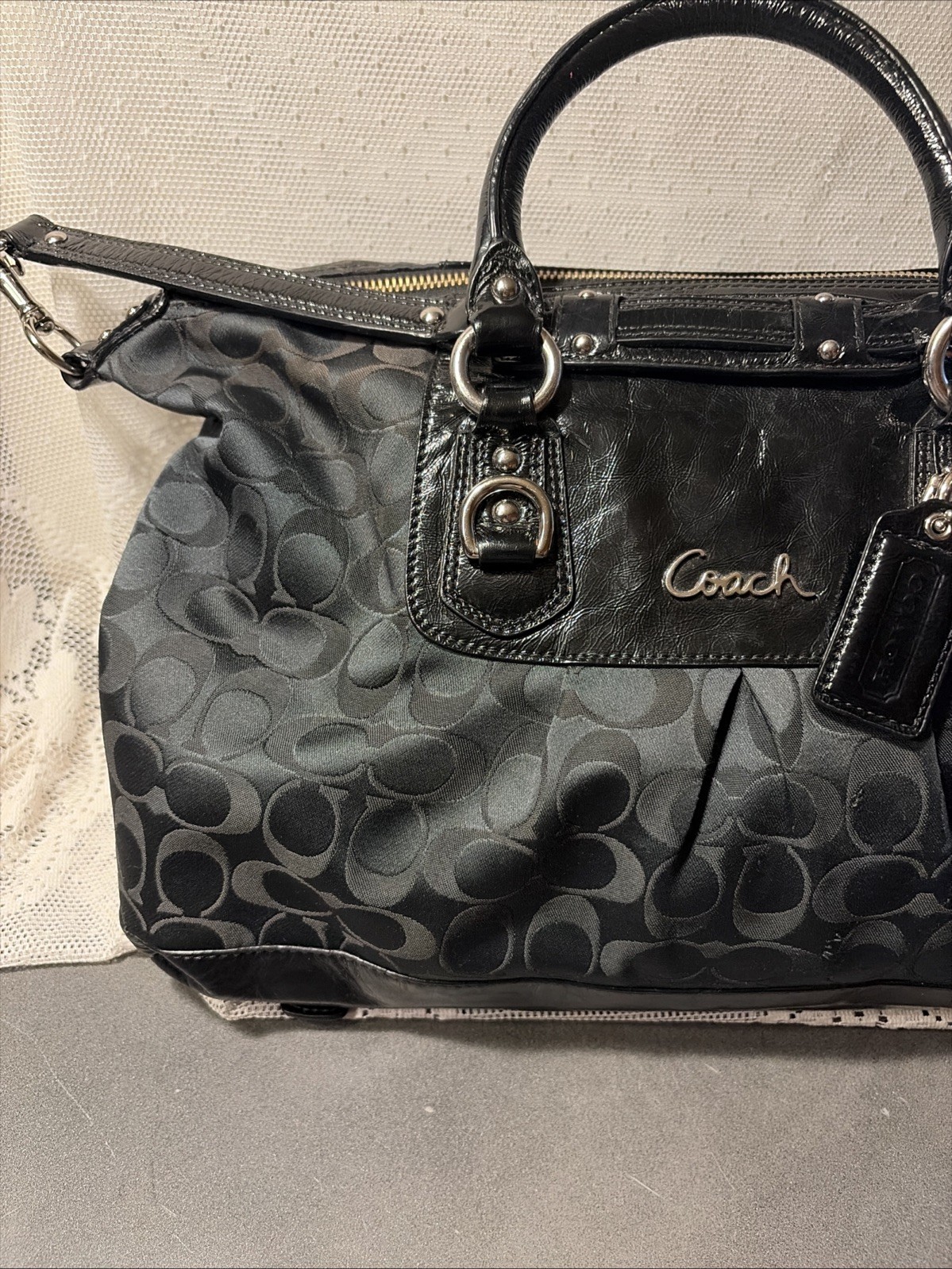 Coach Ashley Signature Sateen Large Satchel Black Canvas Leather Bag F15440 Nice
