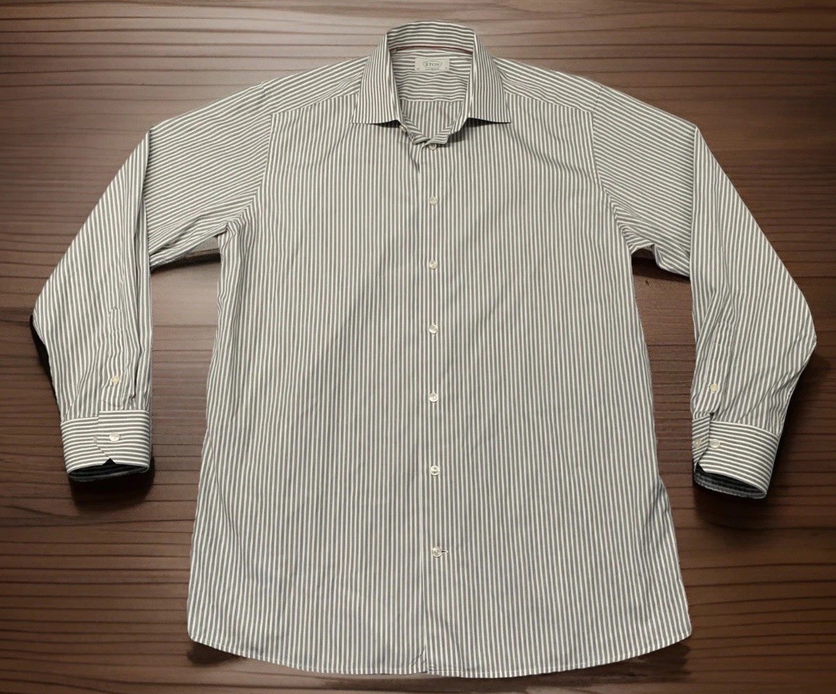 Eton Men’s White & Gray Striped Dress Shirt Luxury Cotton 17×35 Mint Condition