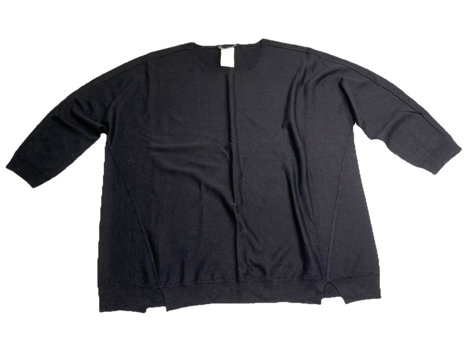 MARINA RINALDI Black V-Neck Knit Sweater Top 3/4 Sleeve Size M Wool Silk Blend