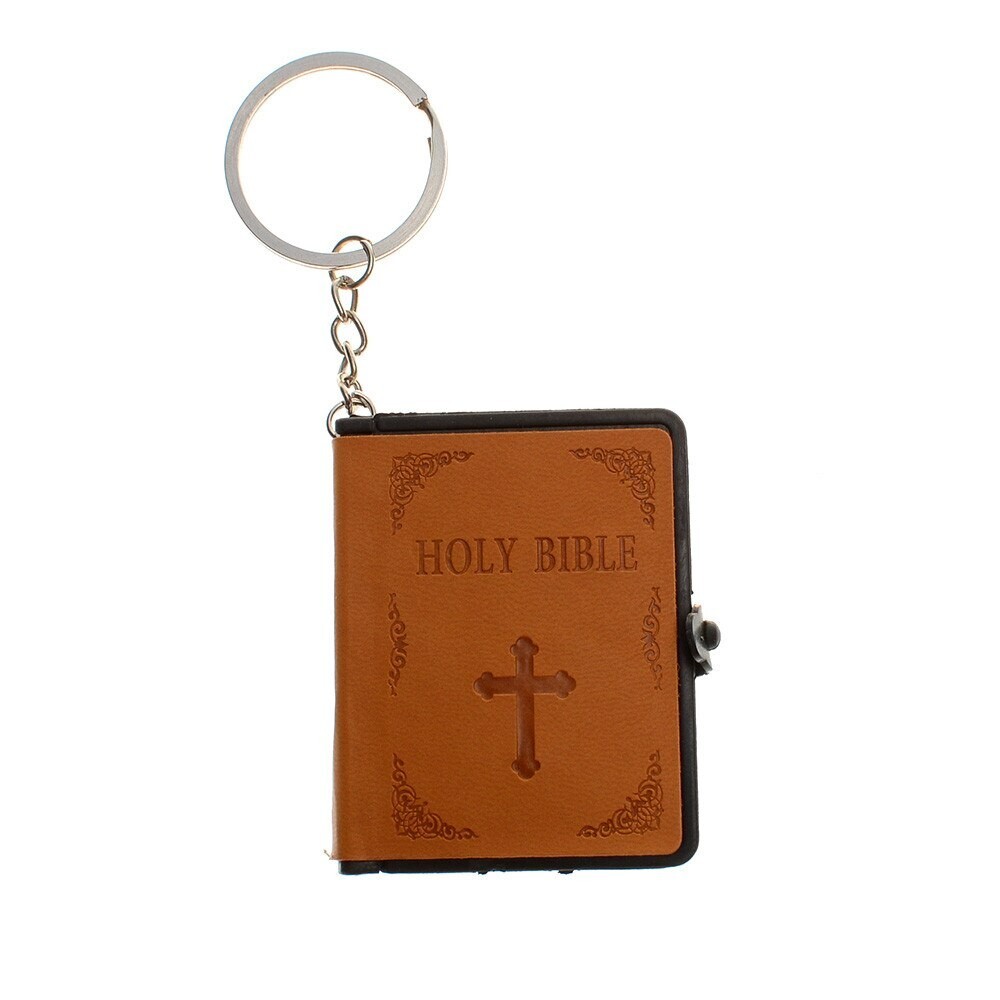 Leather Mini Bible Keychain, Orange Cover w/ Keyring, Jesus, Church, Christian