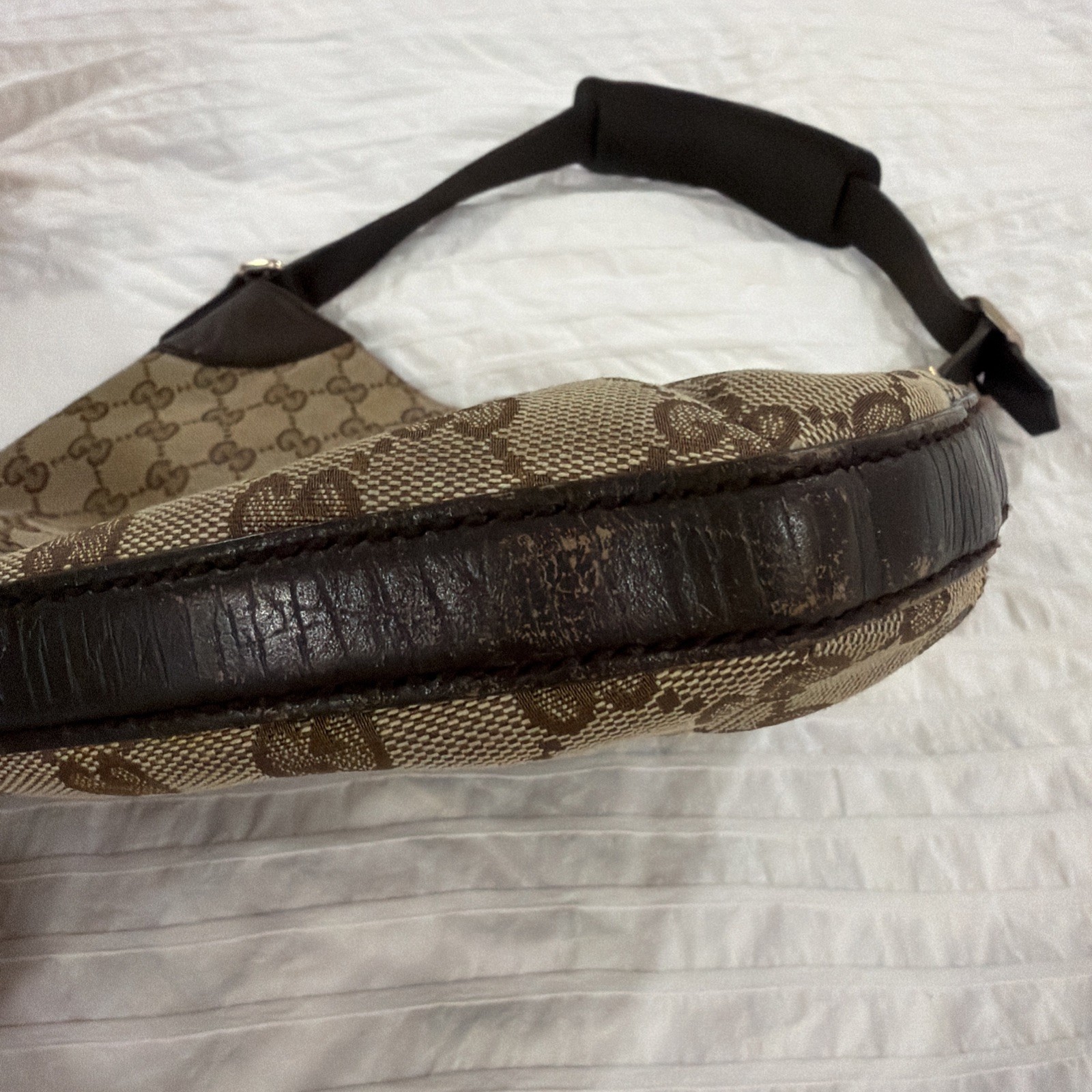 Gucci Heritage Horsebit Hobo In GG Canvas, Brown Leather Gold Bit