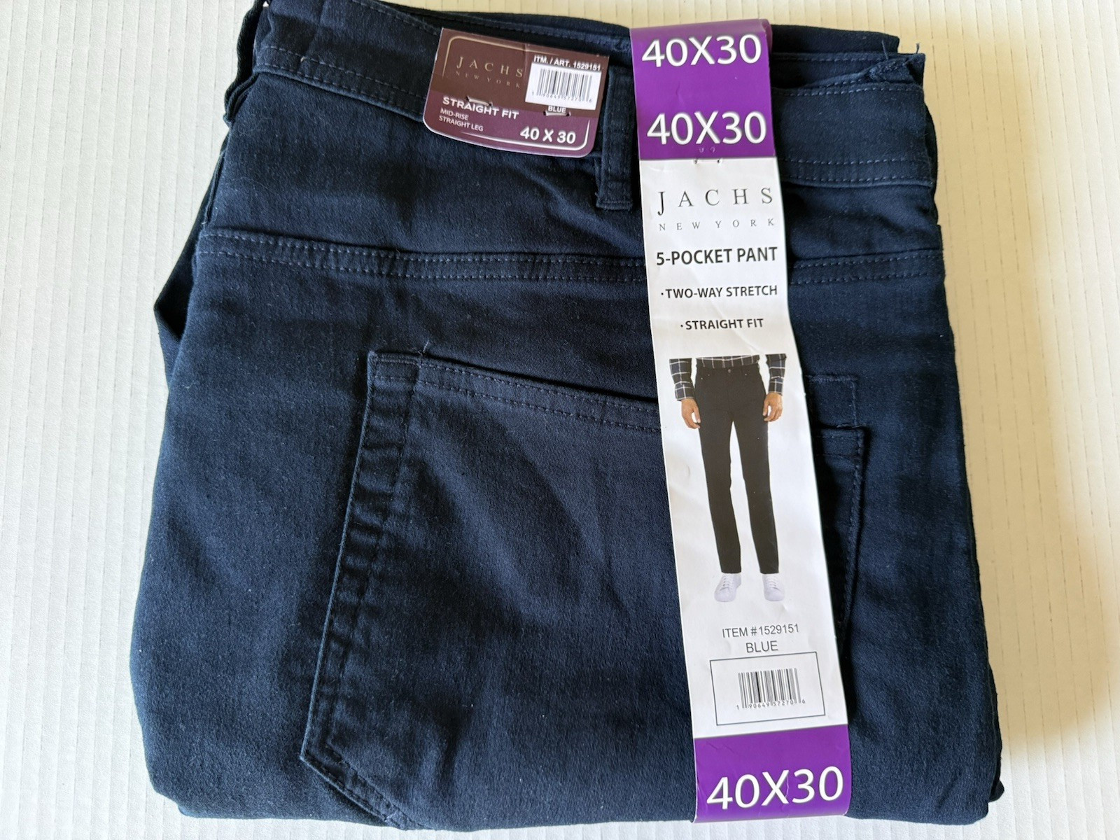 Jachs Men’s 5 Pocket 2 Way Stretch Straight Fit Pant Blue 40X30 Mid Rise NWT