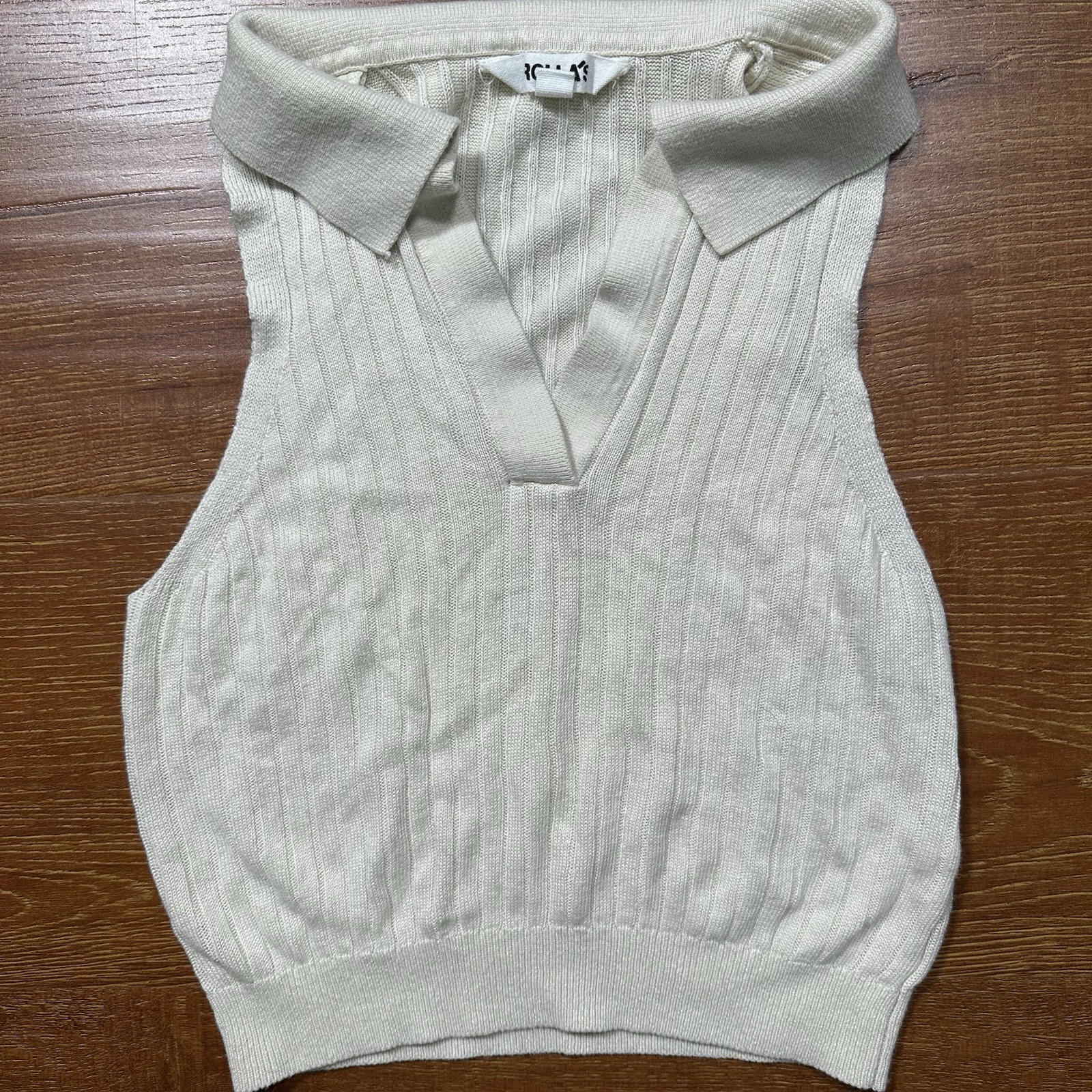 Rollas Knit Collared Tank Top Womens S Ivory Ribbed City Designer Luxury