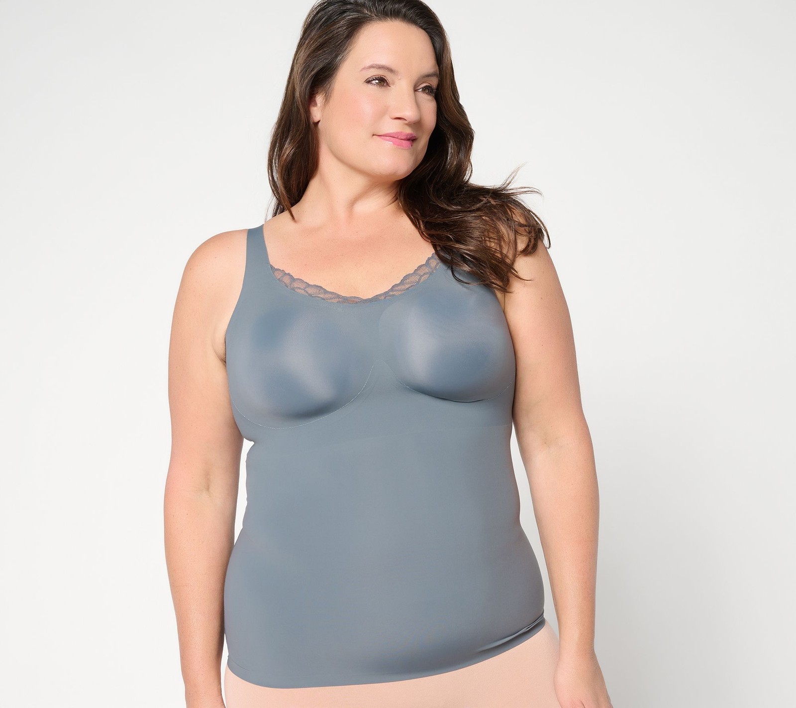 Evelyn & Bobbie Lace Trimmed V-Neck Seamless Bra Cami Slate Grey XL New