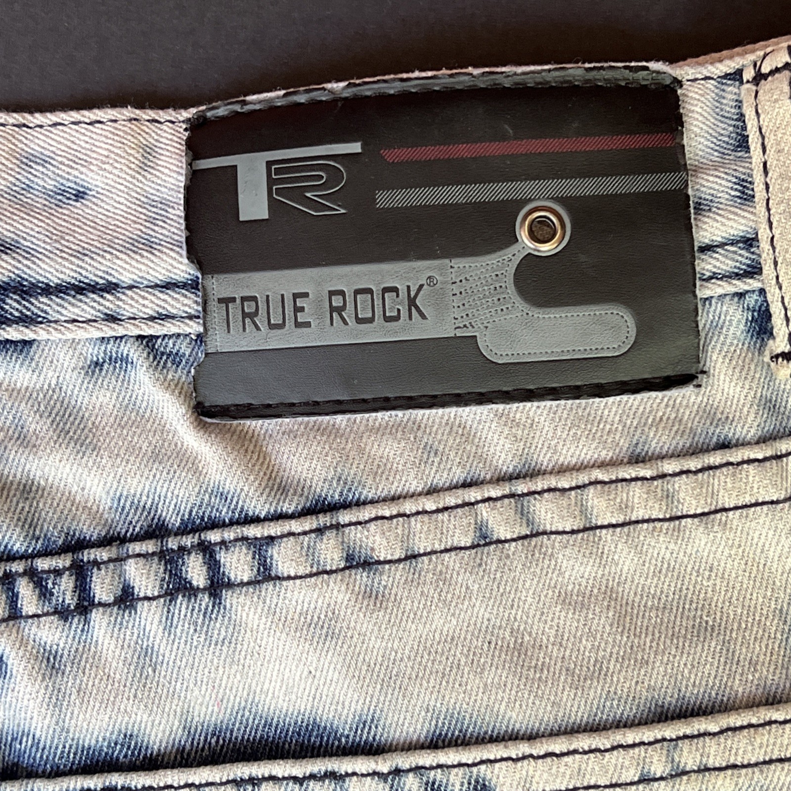 True Rock Jeans Mens 36×31 Blue Distressed Patched Acid Wash Straight Moto
