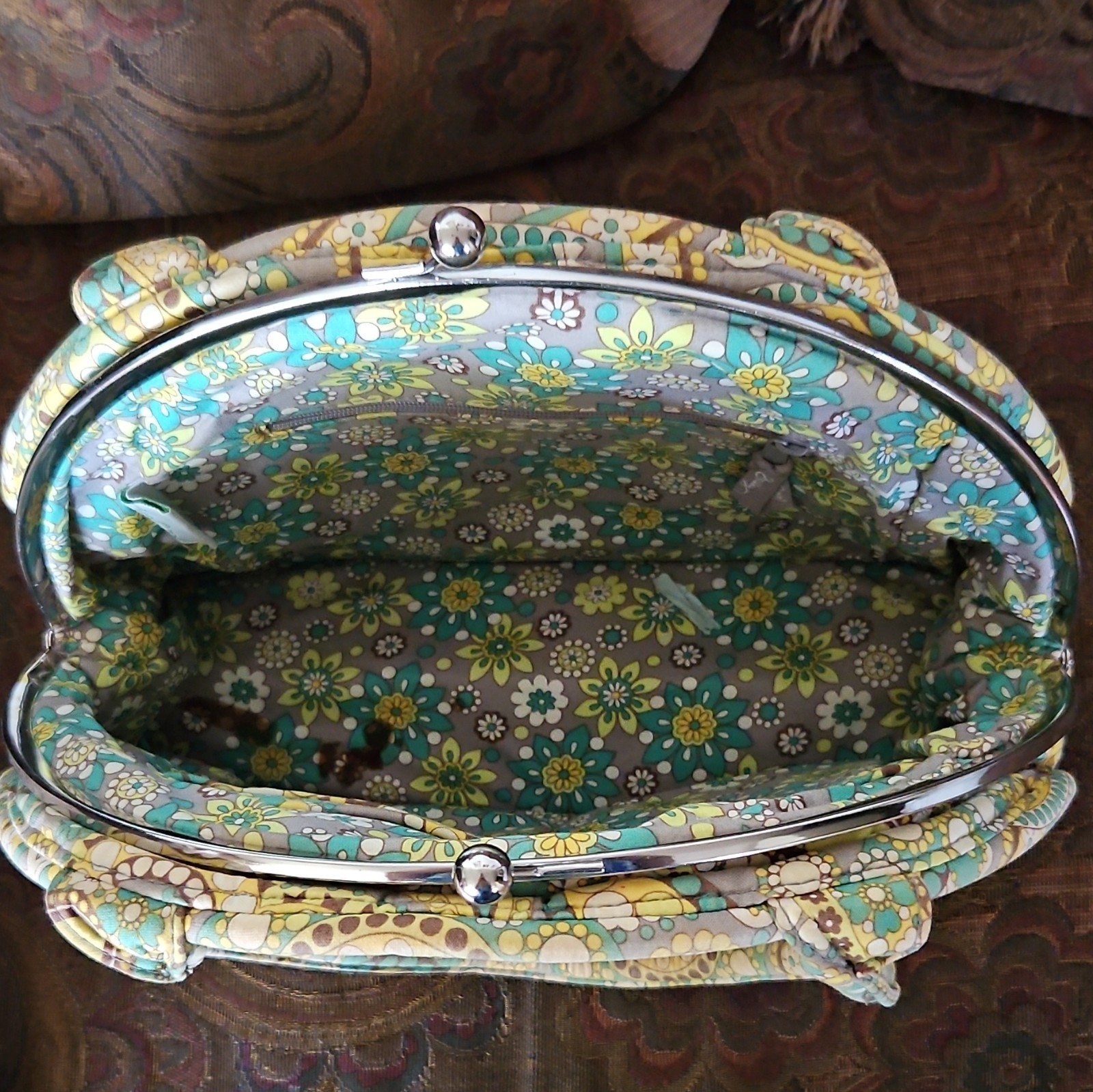 Multicolor Paisley Quilted Top Handle Satchel Bag Kiss Lock Lined Silver