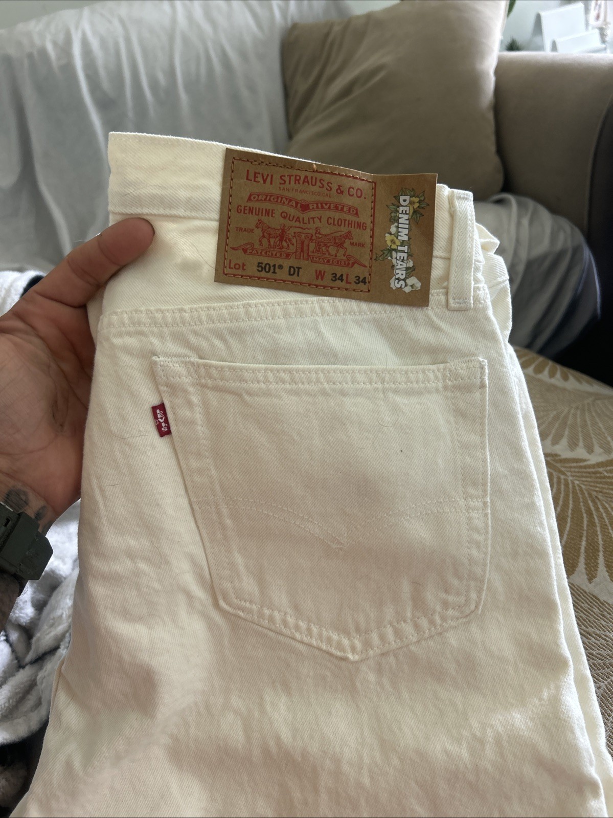 Denim Tears x Levi’s 501 Button Fly Big E Jeans Off White Men’s Sz 34 x 34 NWOT
