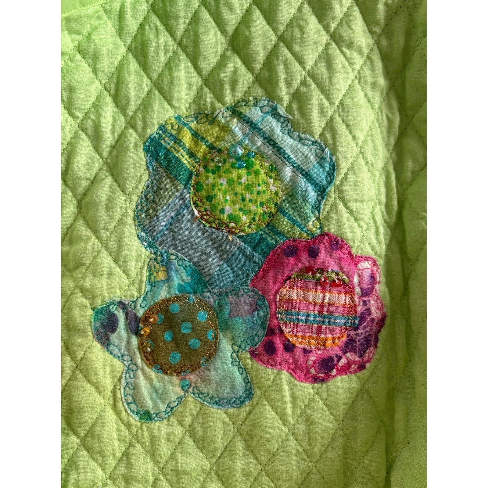 Vintage Quilted White Stag Green Jacket XL Floral Applique Embroidered Patchwork