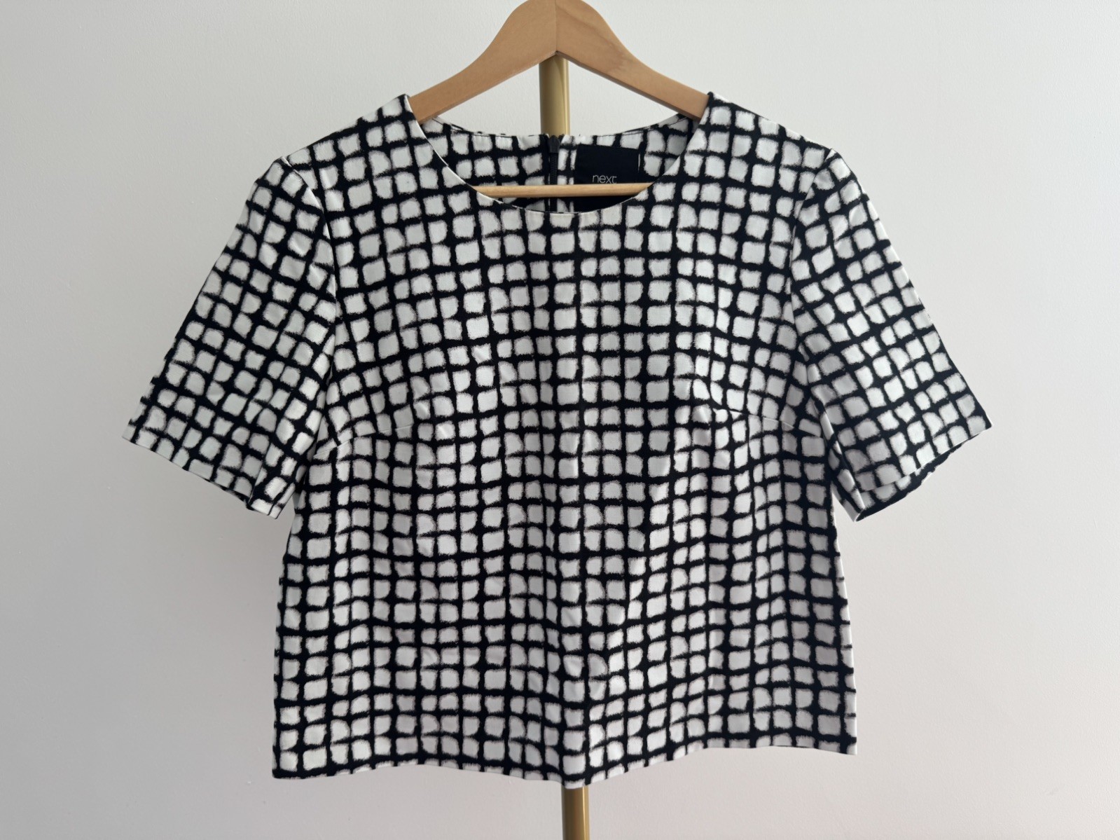 Next Black White Check Tailored Top UK 10 Short Sleeve Boxy Cotton Blend Blouse
