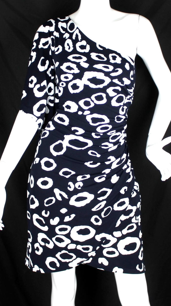 {VALERIE BERTINELLI} Dress Sz. 8 One Shoulder Blue/White Pattern Stretch Lined