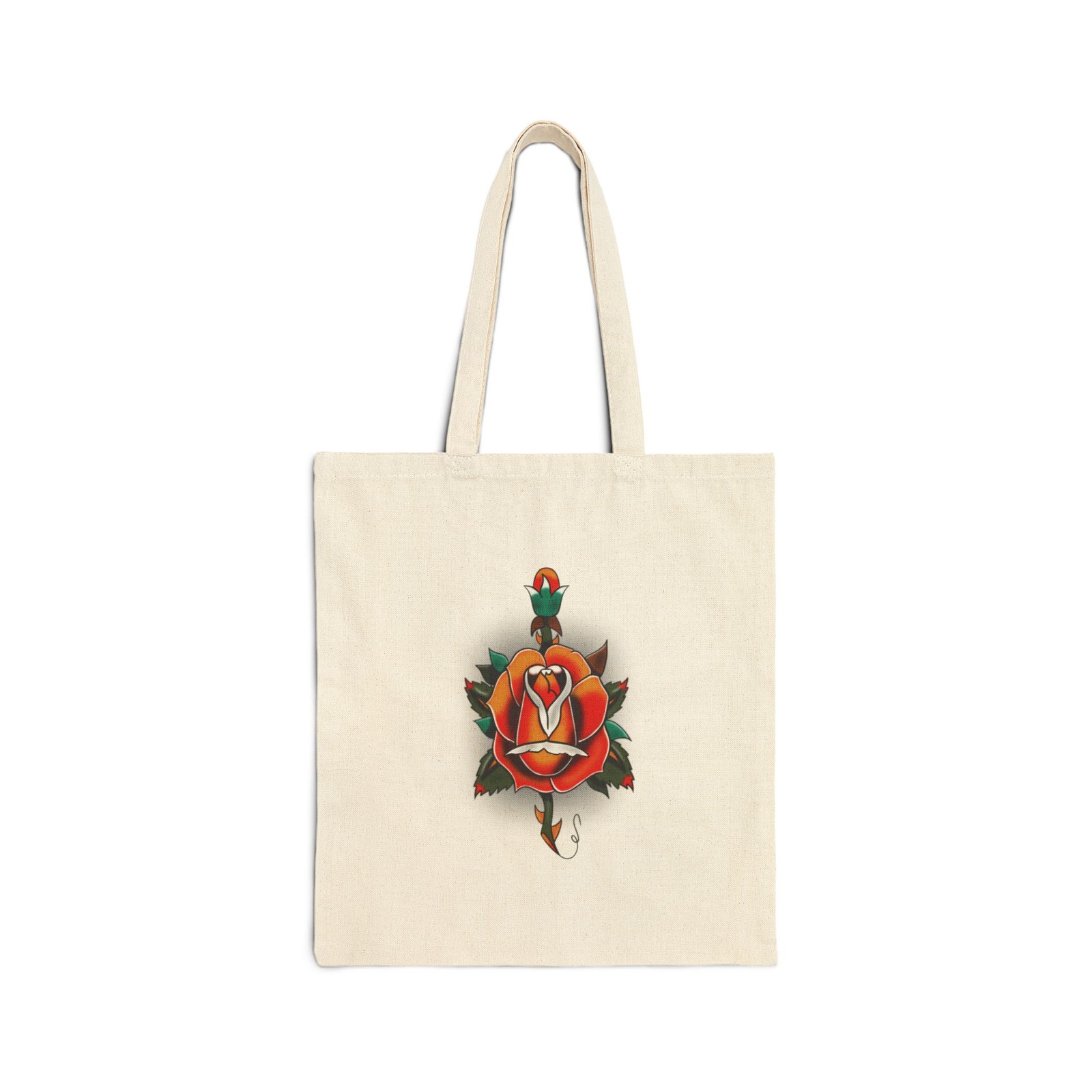 Traditional Rose Tote Bag | Floral Tattoo Art Style Cotton Canvas