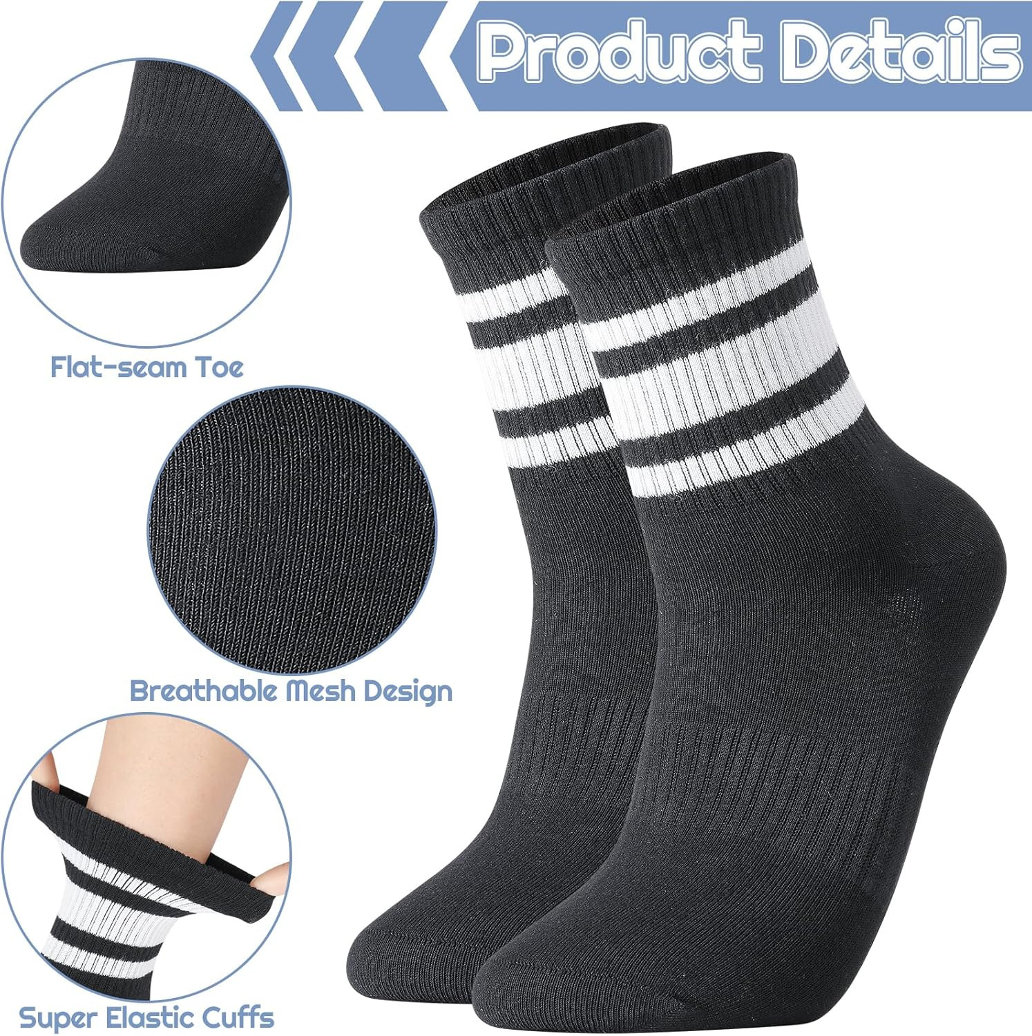 6 Pairs Retro Stripe Tube Socks Classic Athletic Sport Running Crew Casual Cotto
