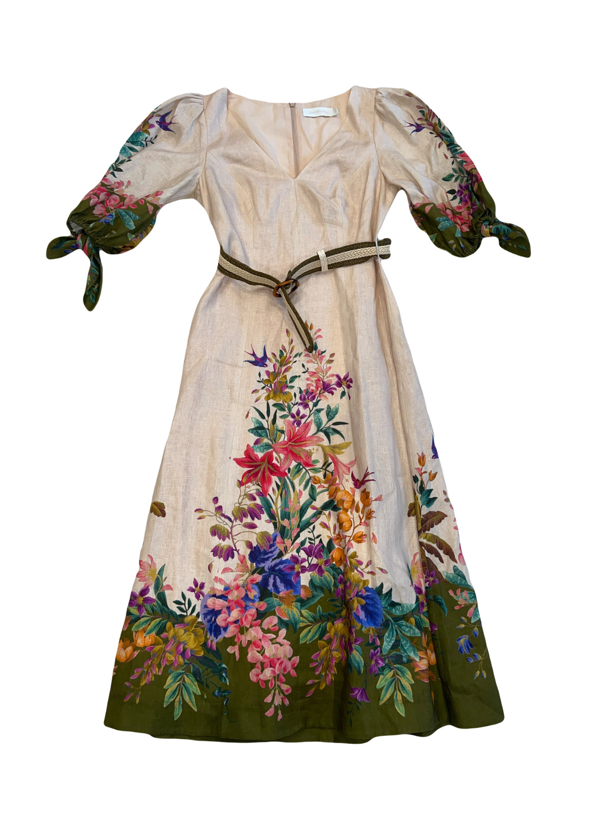 Zimmermann 100% Linen Floral Border Print Belted Midi Dress Size 2 US 8