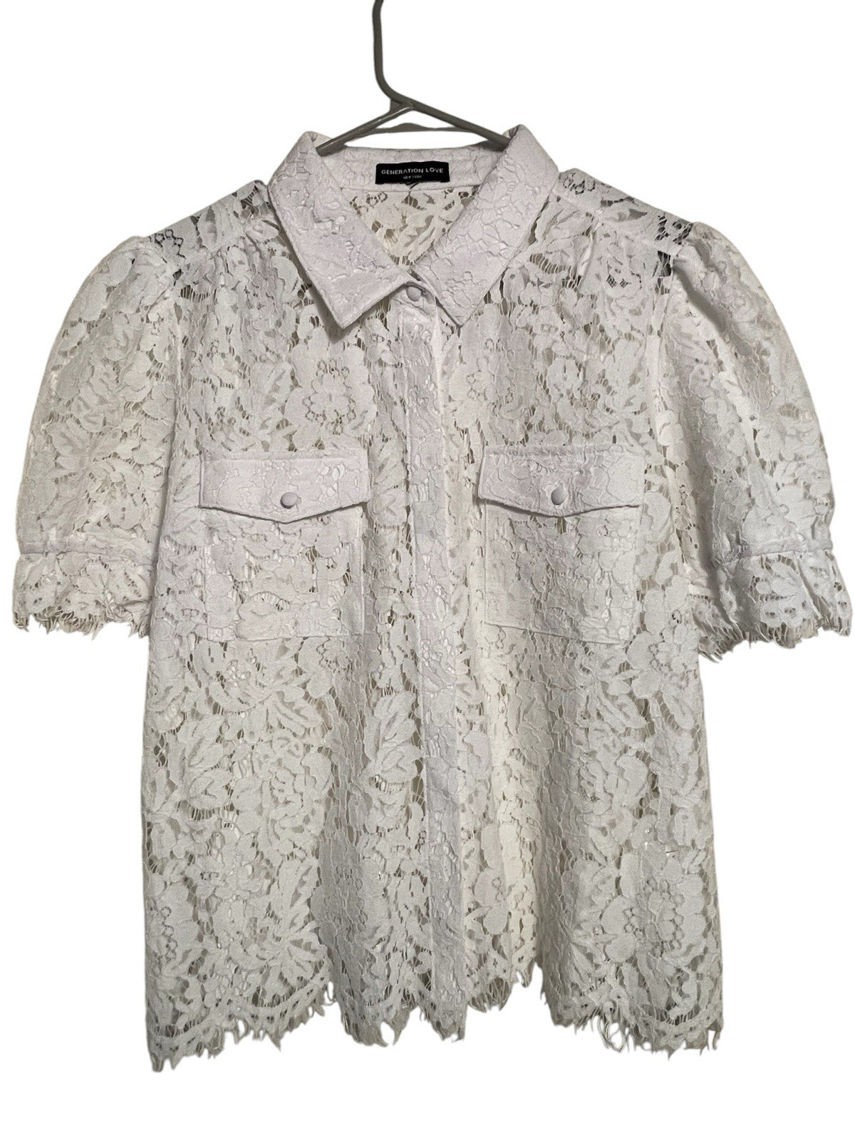 Generation Love Mina All Over Sheer White Lace Button Down Scalloped hem Shirt L